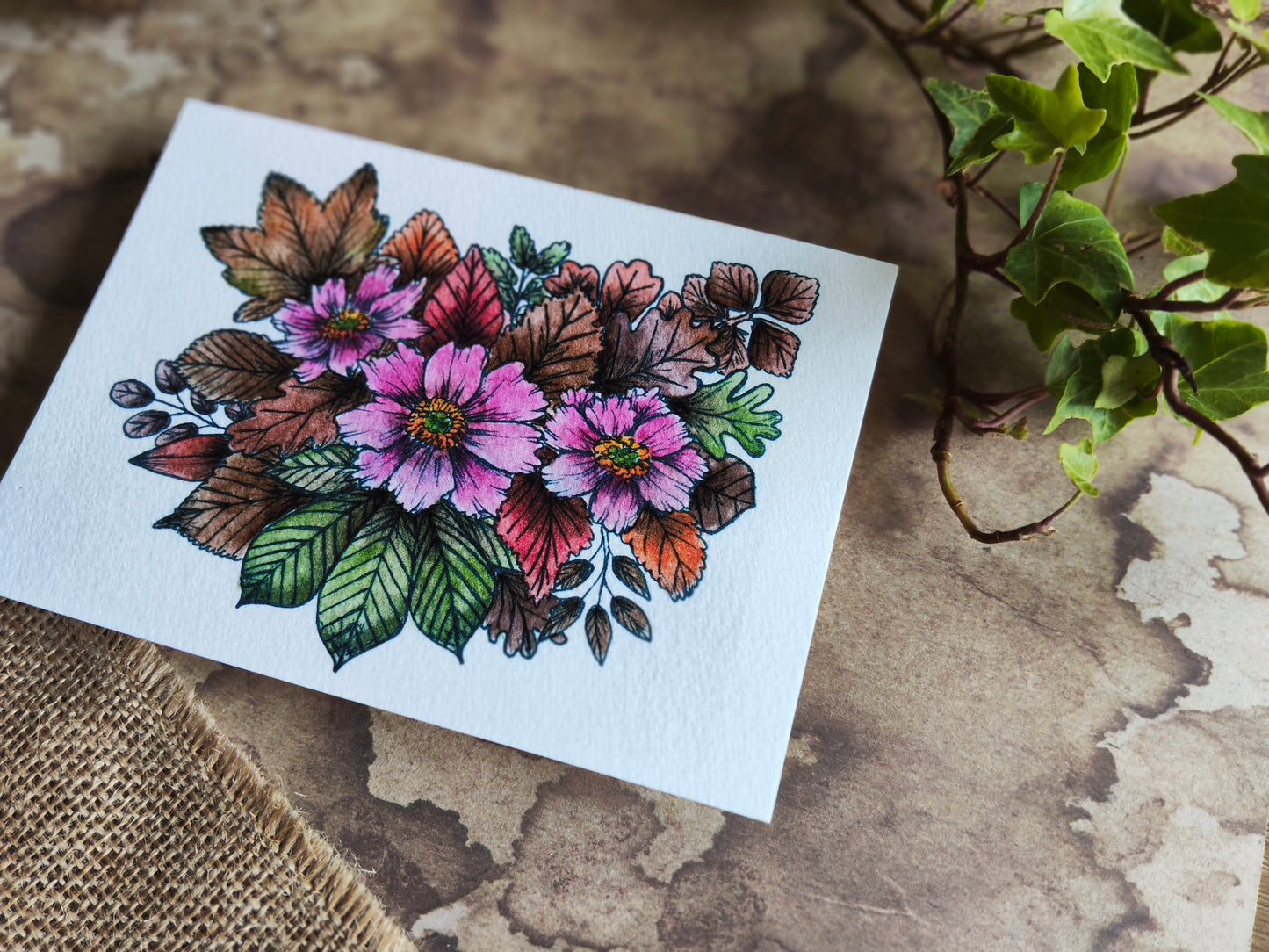 Carte A6 - Fleurs rose & feuillage - Impression aquarelle botanique Anémone du Japon