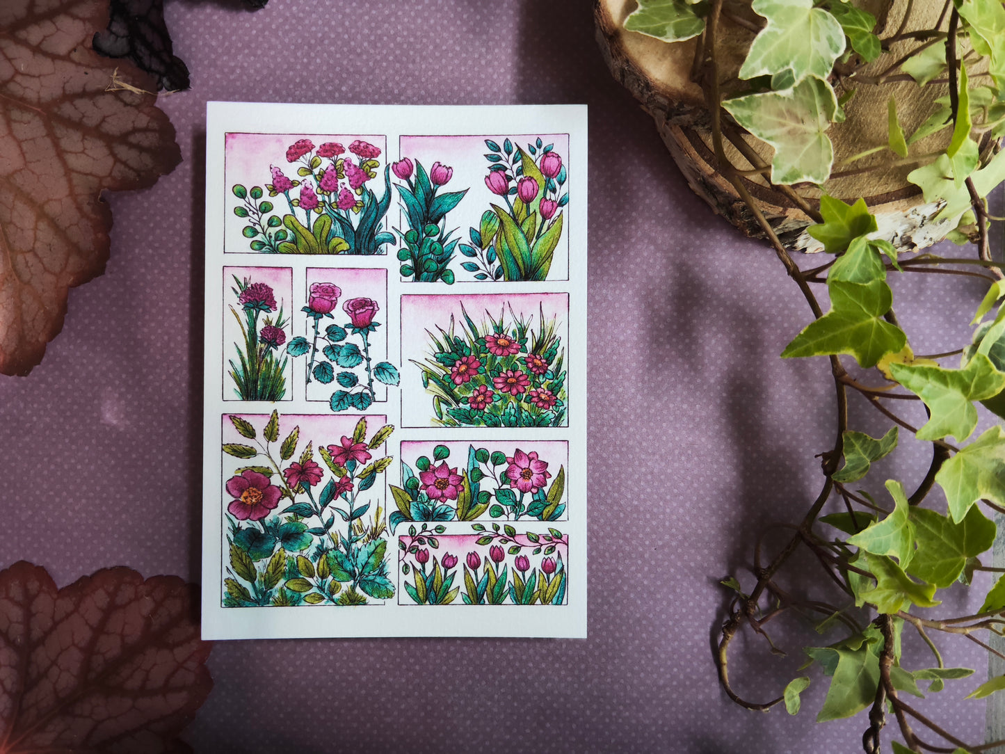 Carte illustrée A6 – Fleurs roses à l’aquarelle – Impression fine sur papier 300g