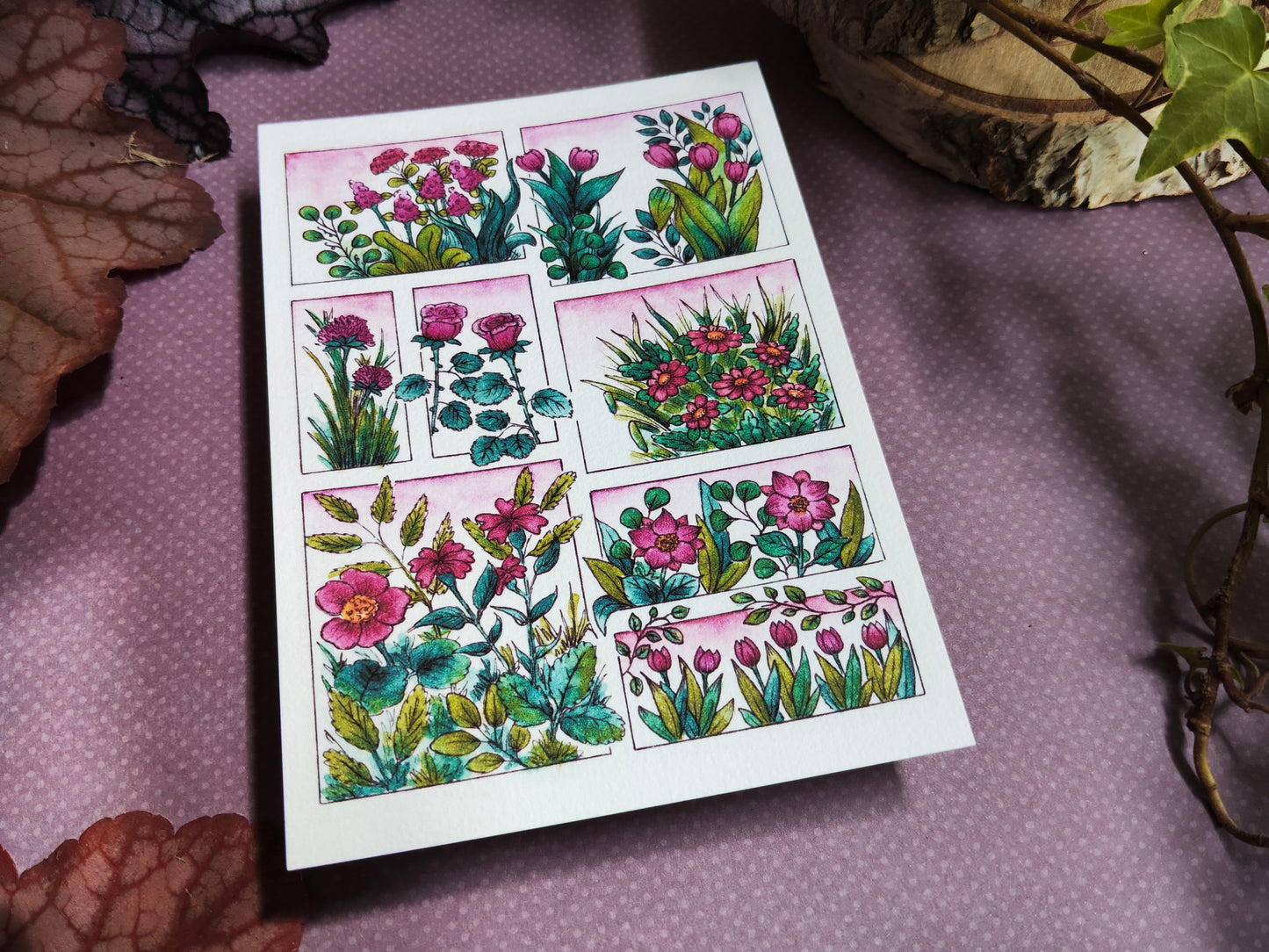 Carte illustrée A6 – Fleurs roses à l’aquarelle – Impression fine sur papier 300g