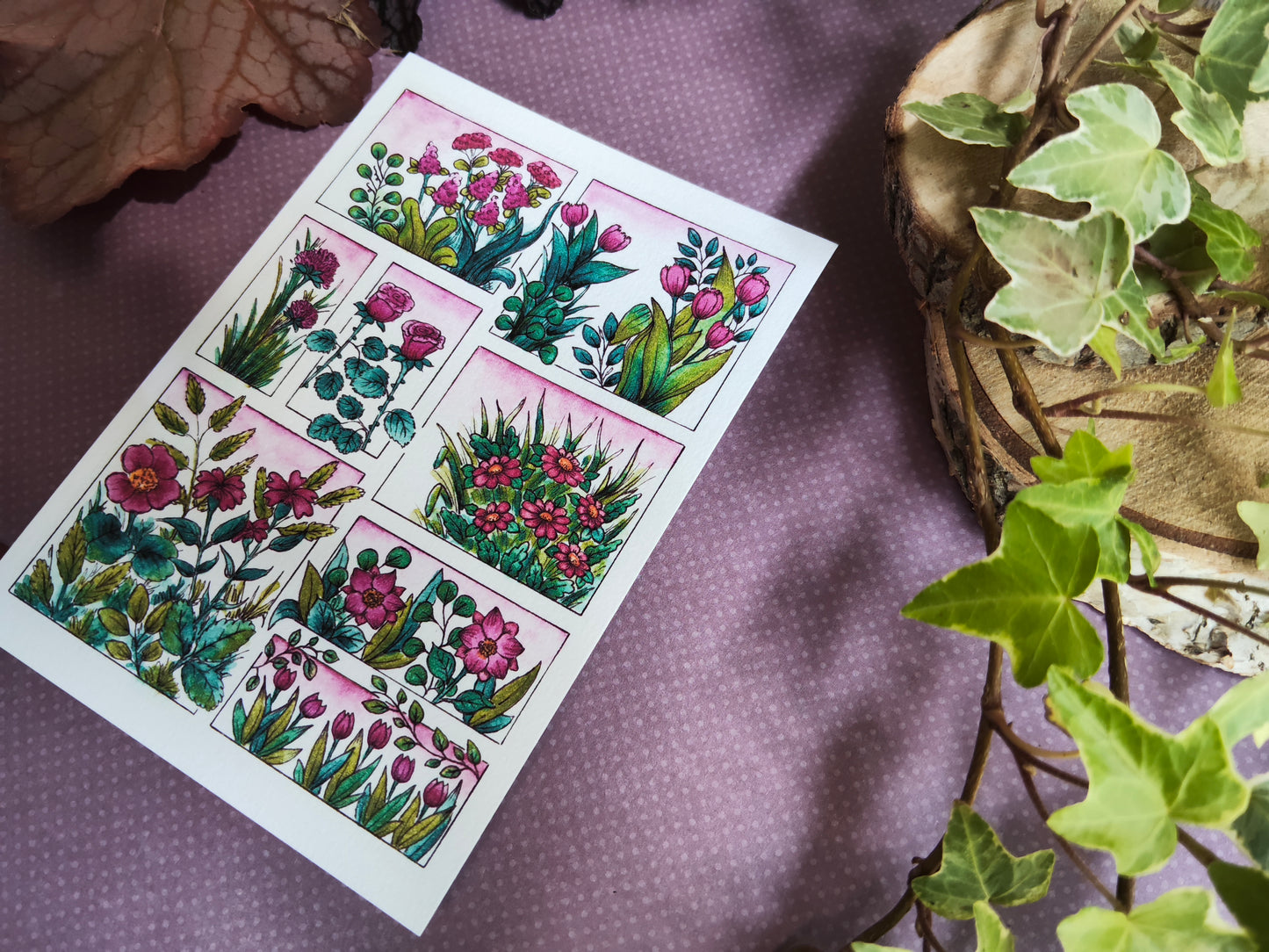 Carte illustrée A6 – Fleurs roses à l’aquarelle – Impression fine sur papier 300g
