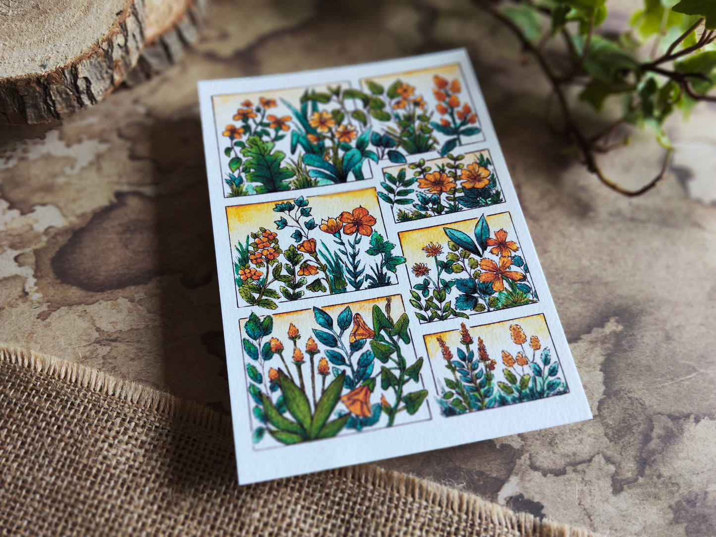 Carte illustrée A6 – Fleurs sauvages à l’aquarelle – Impression fine sur papier 300g - Fleurs Jaune