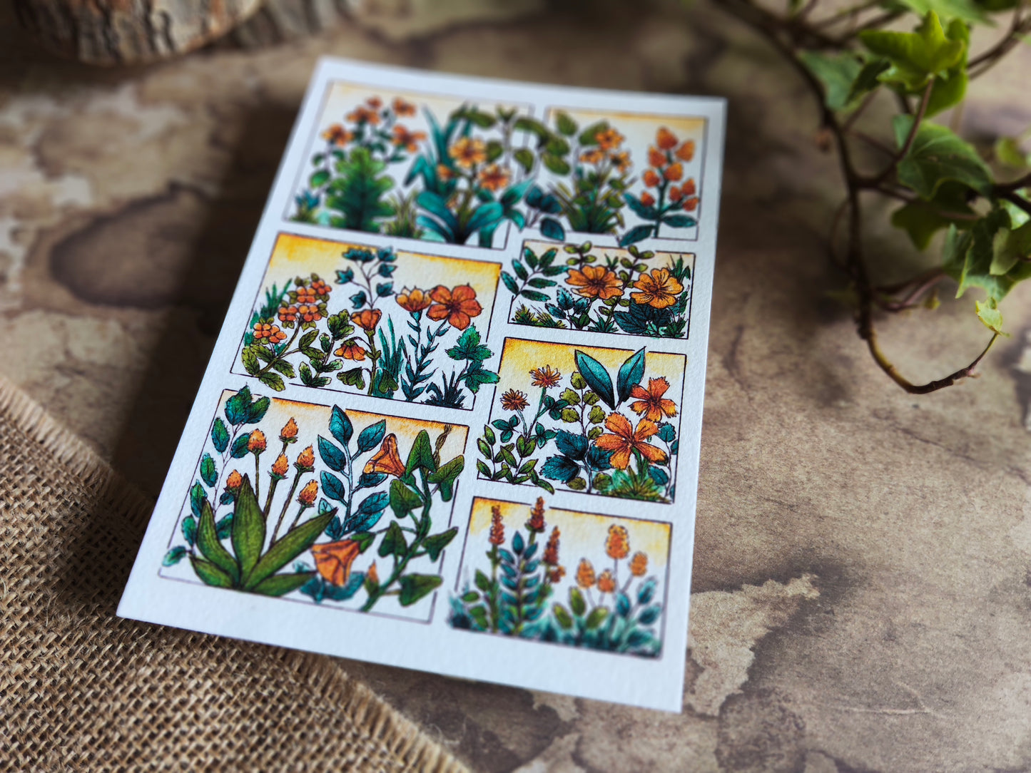 Carte illustrée A6 – Fleurs sauvages à l’aquarelle – Impression fine sur papier 300g - Fleurs Jaune