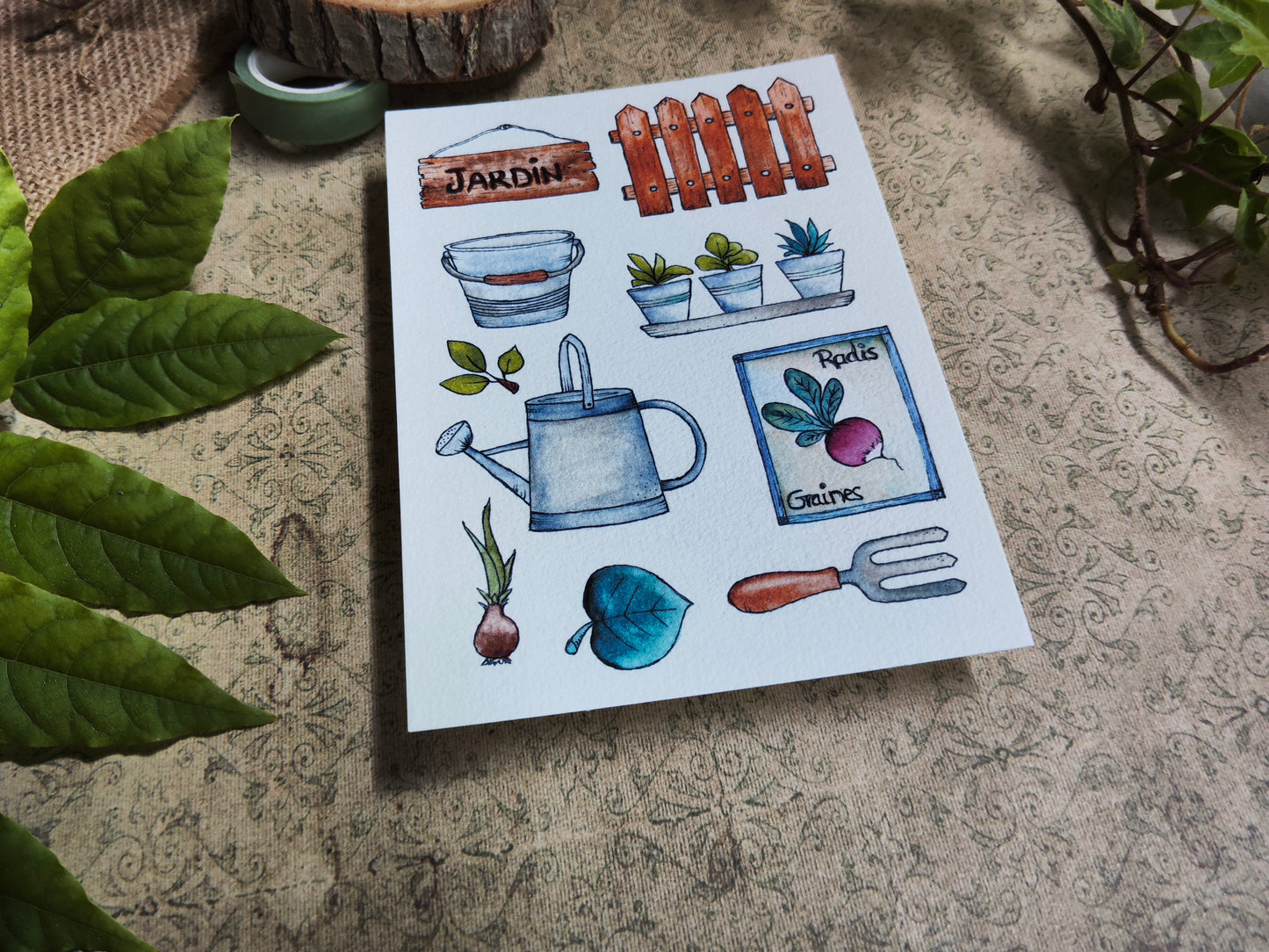 Carte illustrée – Jardin d’aquarelle – Outils, semis & nature – Format A6
