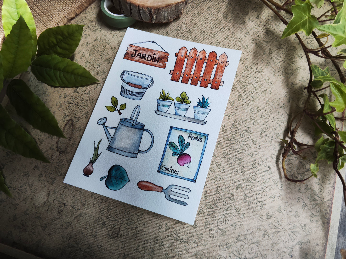 Carte illustrée – Jardin d’aquarelle – Outils, semis & nature – Format A6