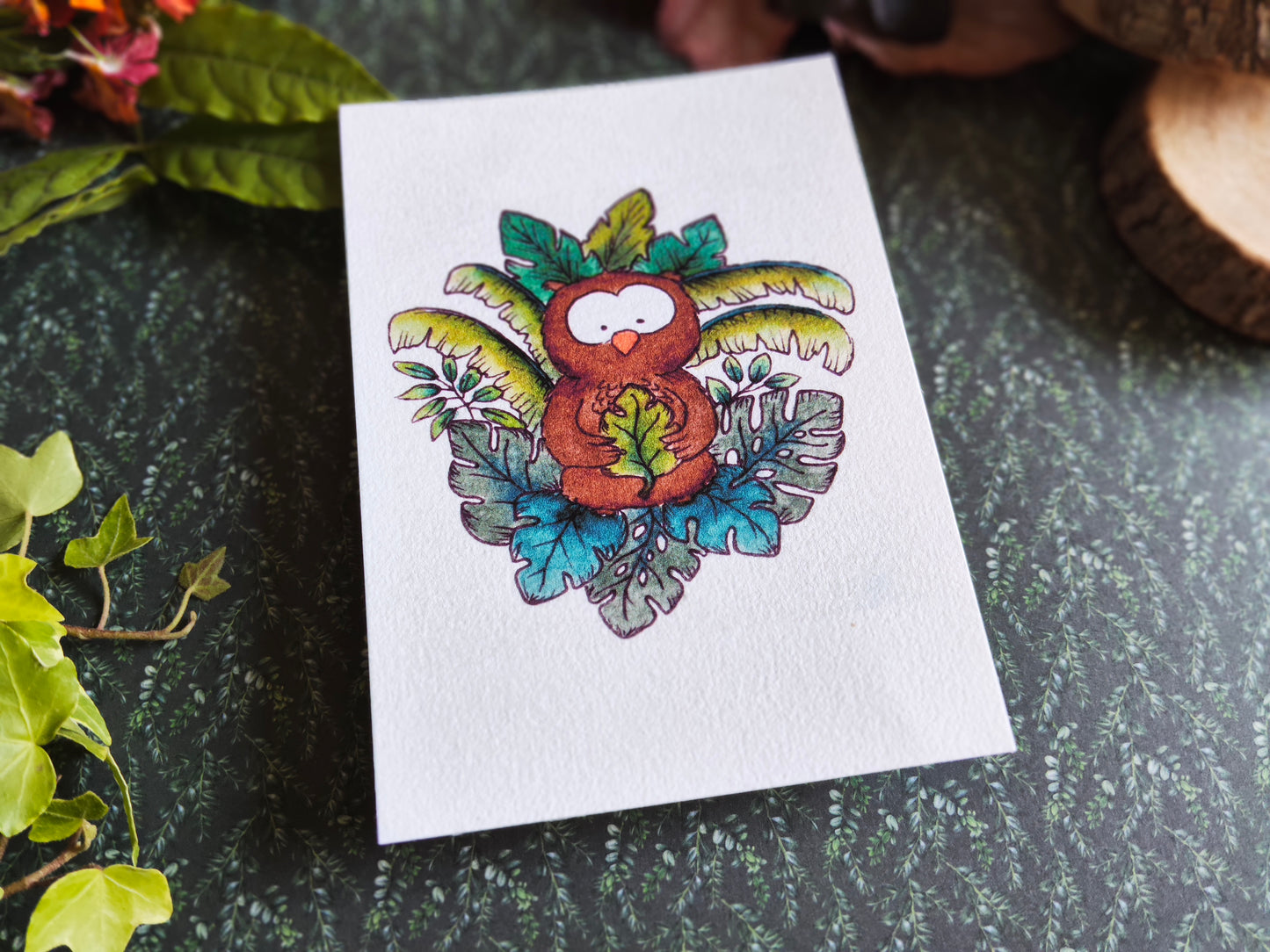 Carte illustrée – Hibou tropical & feuille Monstera – Aquarelle mignonne – Format A6