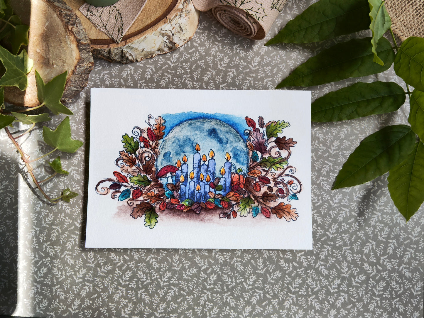 Carte A6 "Clair de lune et bougies enchantées" – Illustration à l’aquarelle, ambiance automnale et magique