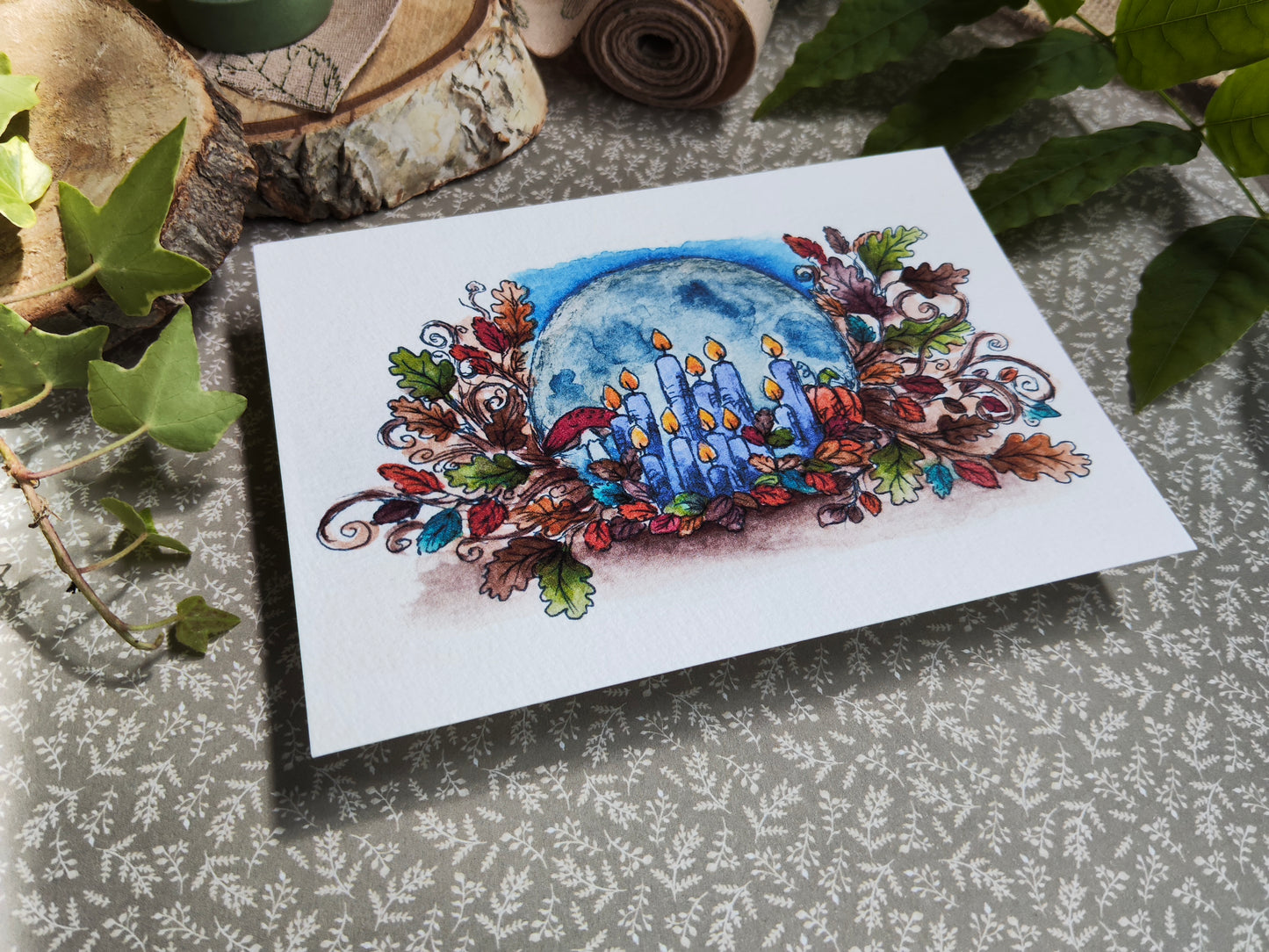 Carte A6 "Clair de lune et bougies enchantées" – Illustration à l’aquarelle, ambiance automnale et magique