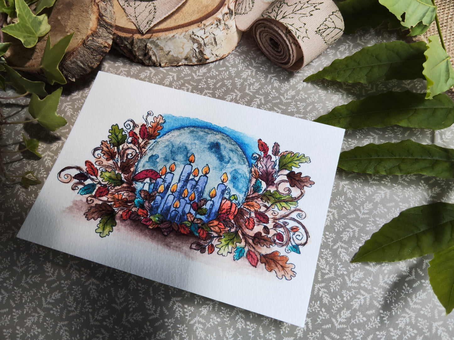 Carte A6 "Clair de lune et bougies enchantées" – Illustration à l’aquarelle, ambiance automnale et magique