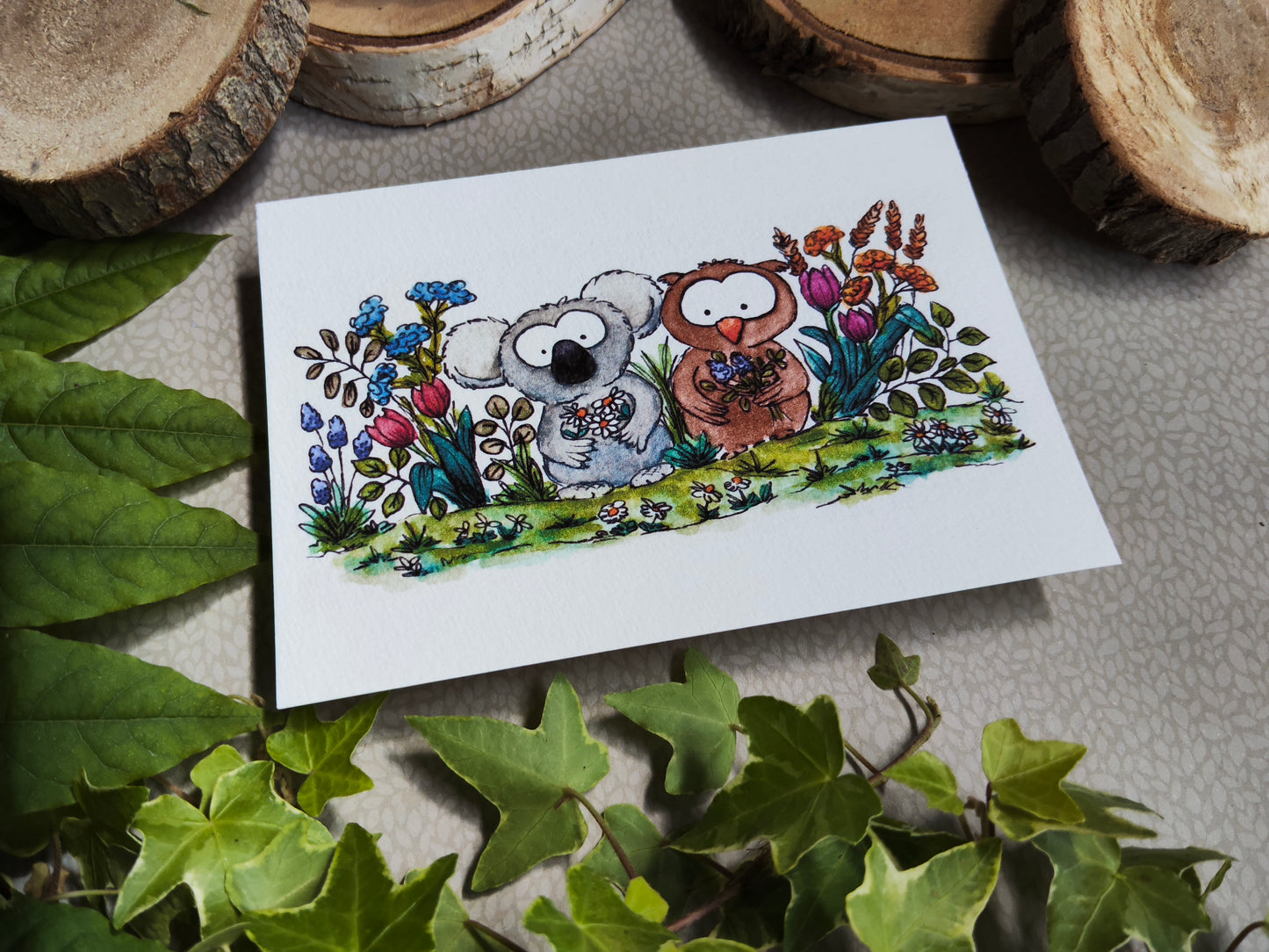Carte illustrée A6 – Koala et Hibou fleuris – Illustration Animaux à l’aquarelle