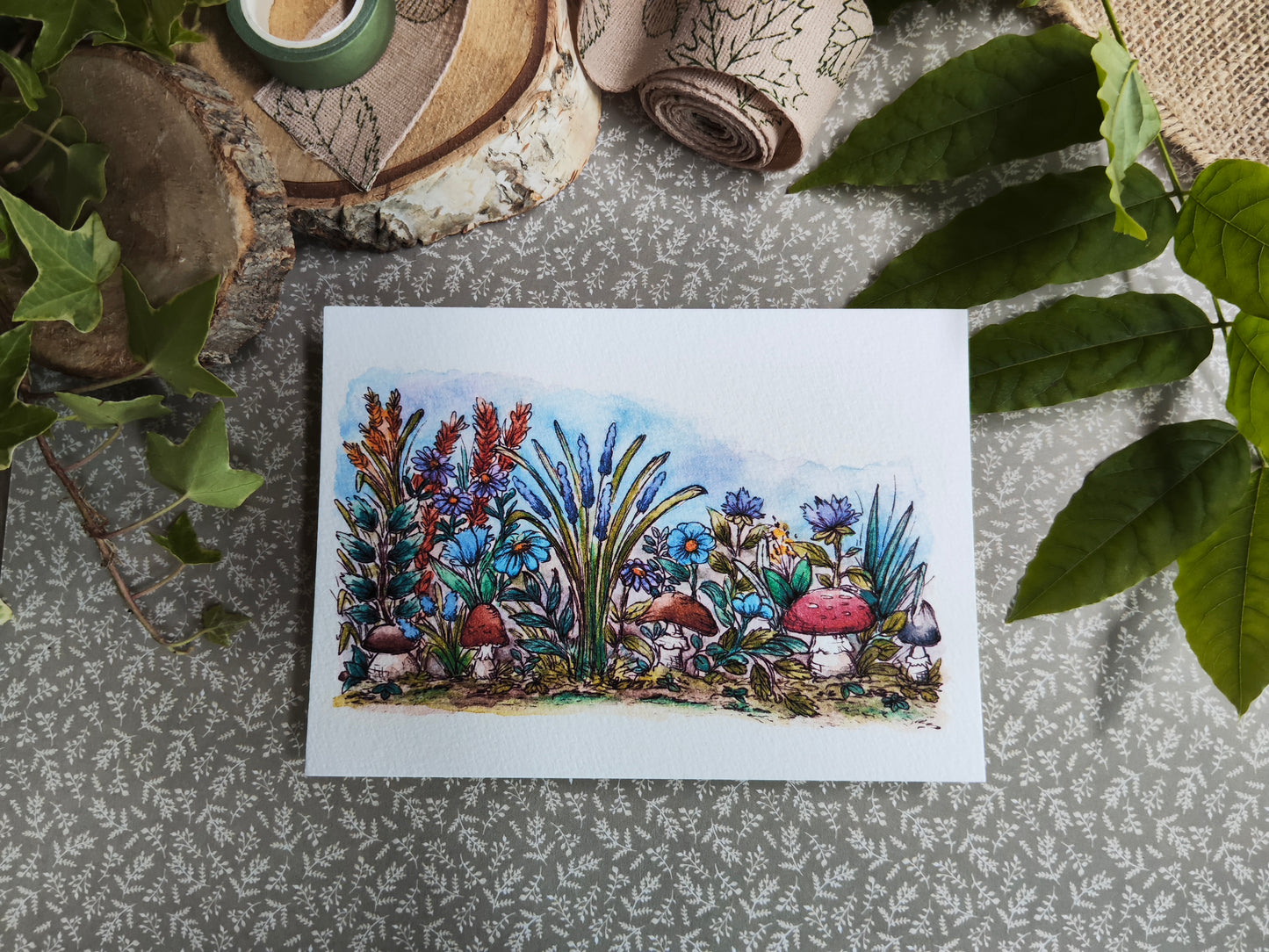 Carte A6 - Illustration aquarelle champignons et fleurs sauvages - Nature enchantée
