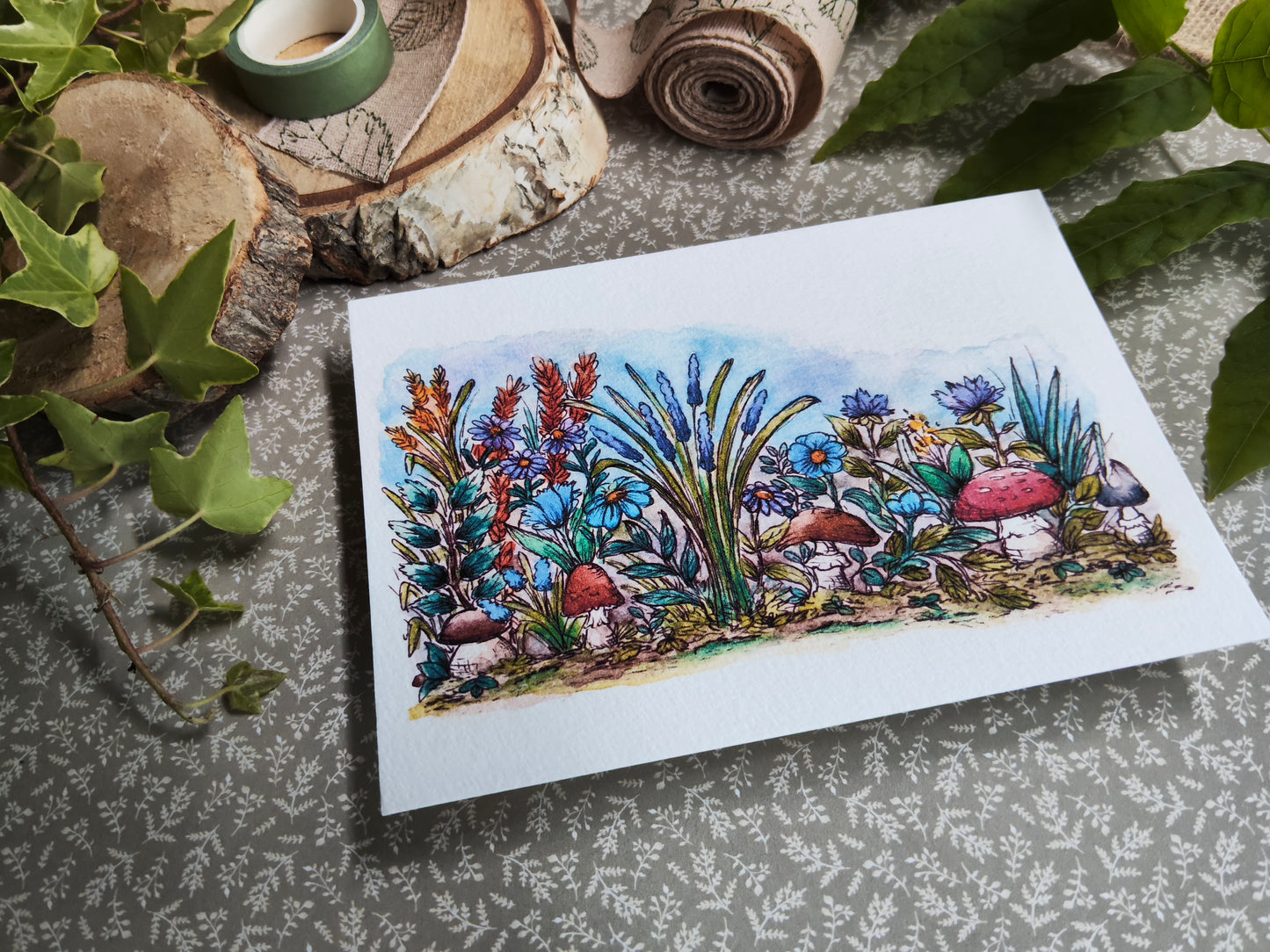 Carte A6 - Illustration aquarelle champignons et fleurs sauvages - Nature enchantée