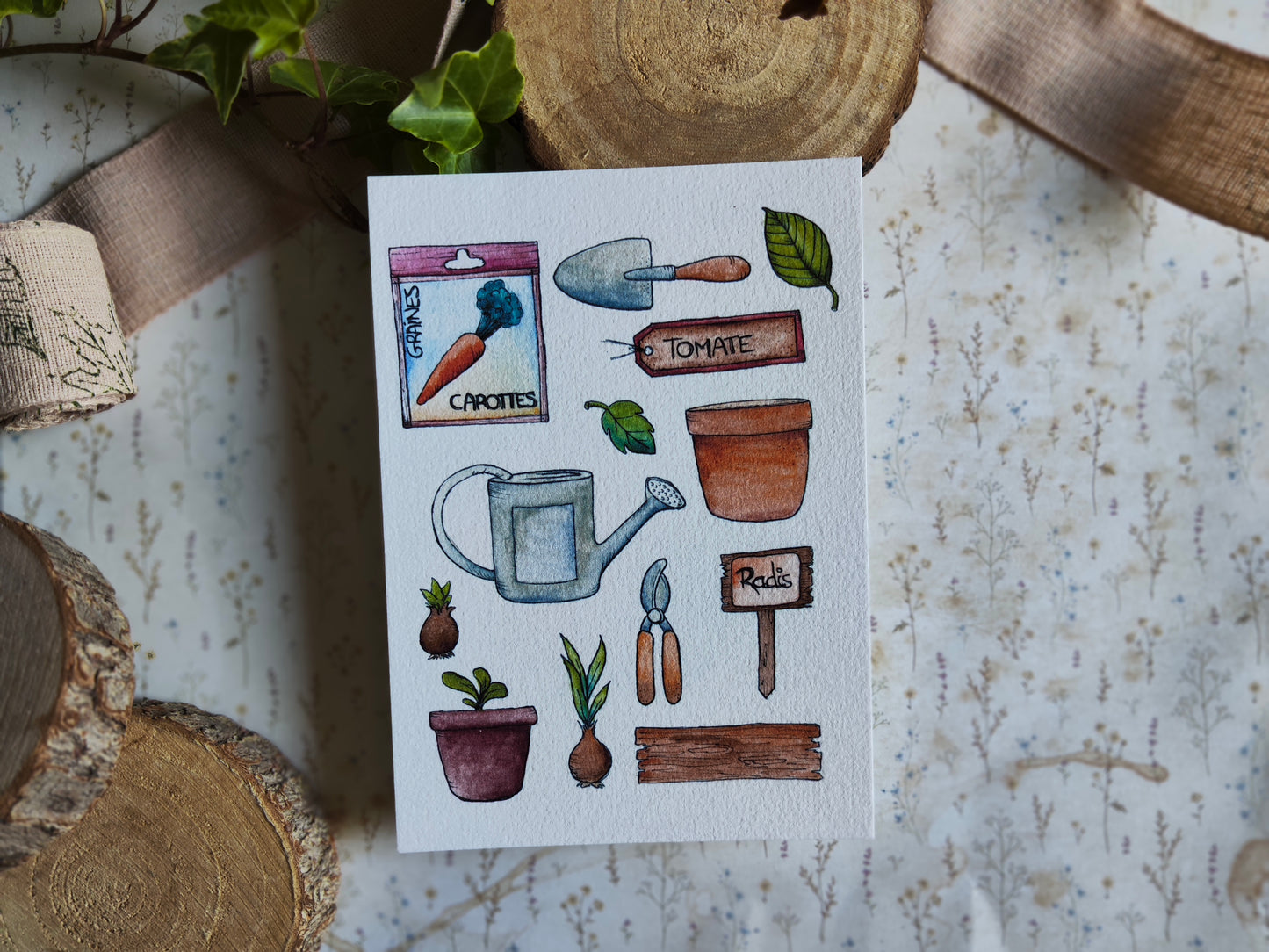 Carte illustrée A6 – Illustration aquarelle outils de jardinage, graines, potager, légumes, jardin et nature