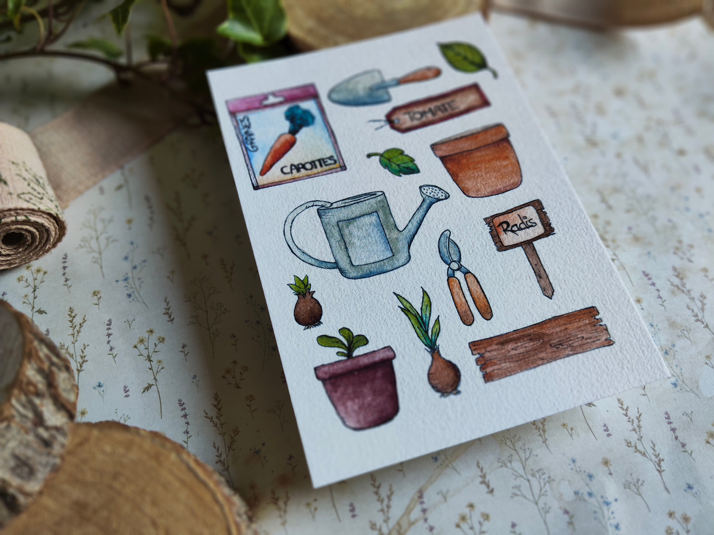 Carte illustrée A6 – Illustration aquarelle outils de jardinage, graines, potager, légumes, jardin et nature
