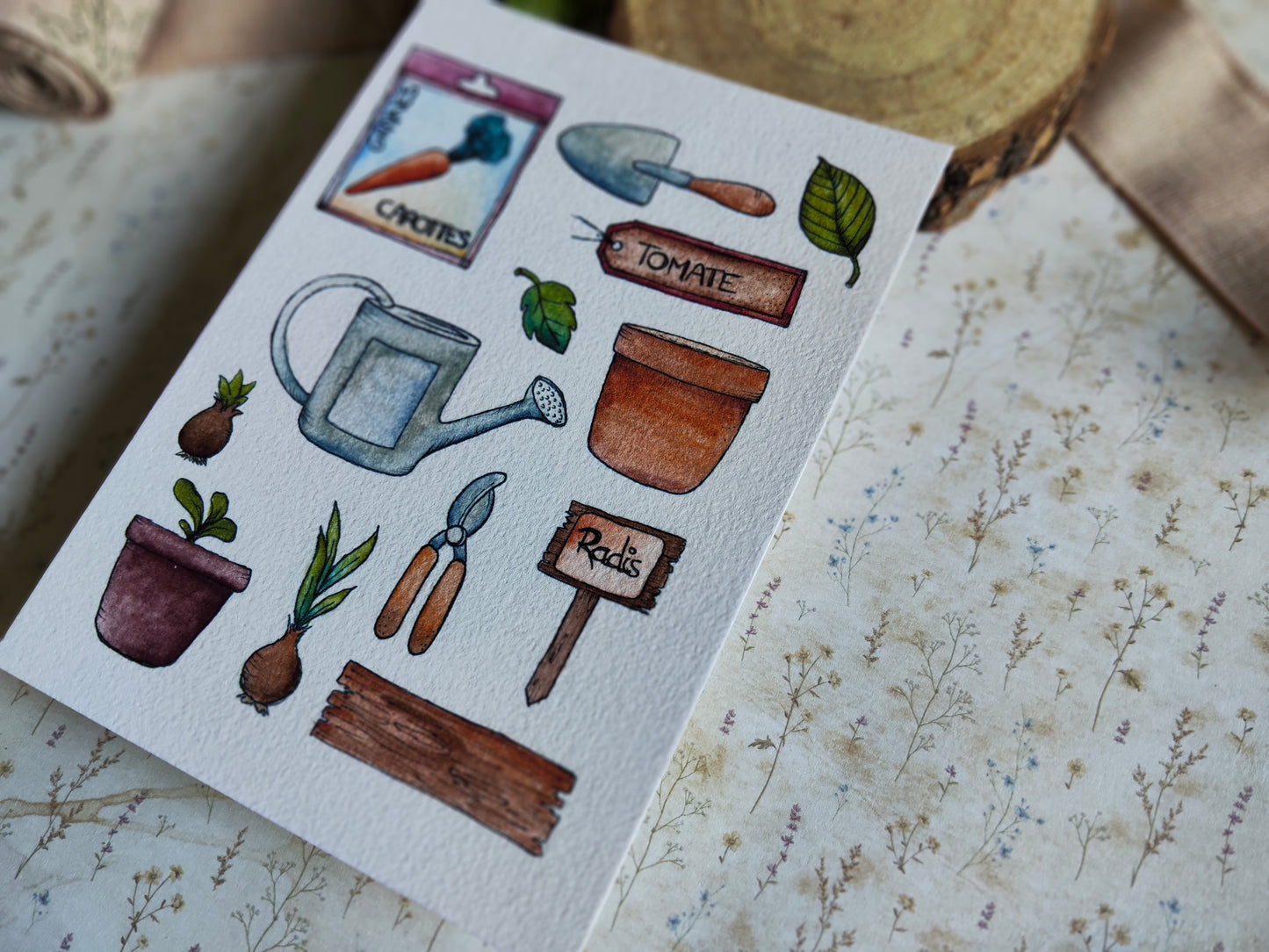 Carte illustrée A6 – Illustration aquarelle outils de jardinage, graines, potager, légumes, jardin et nature