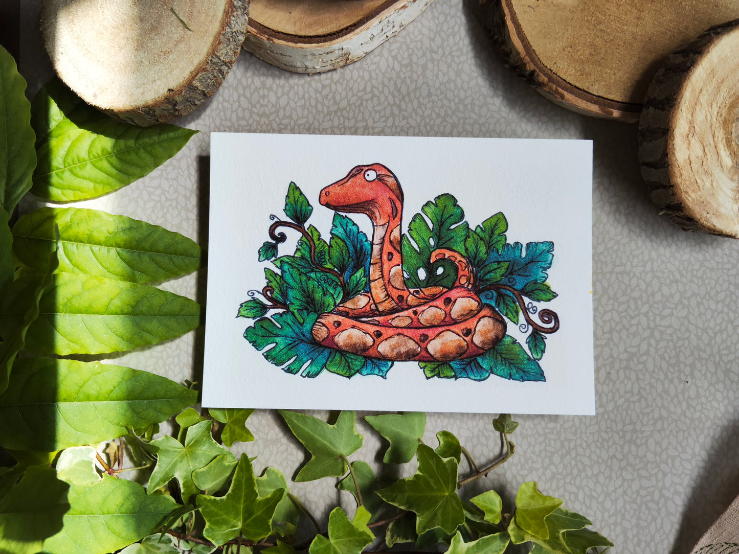 Carte A6 "Python feuillu" – Illustration à l’aquarelle, serpent totem et nature