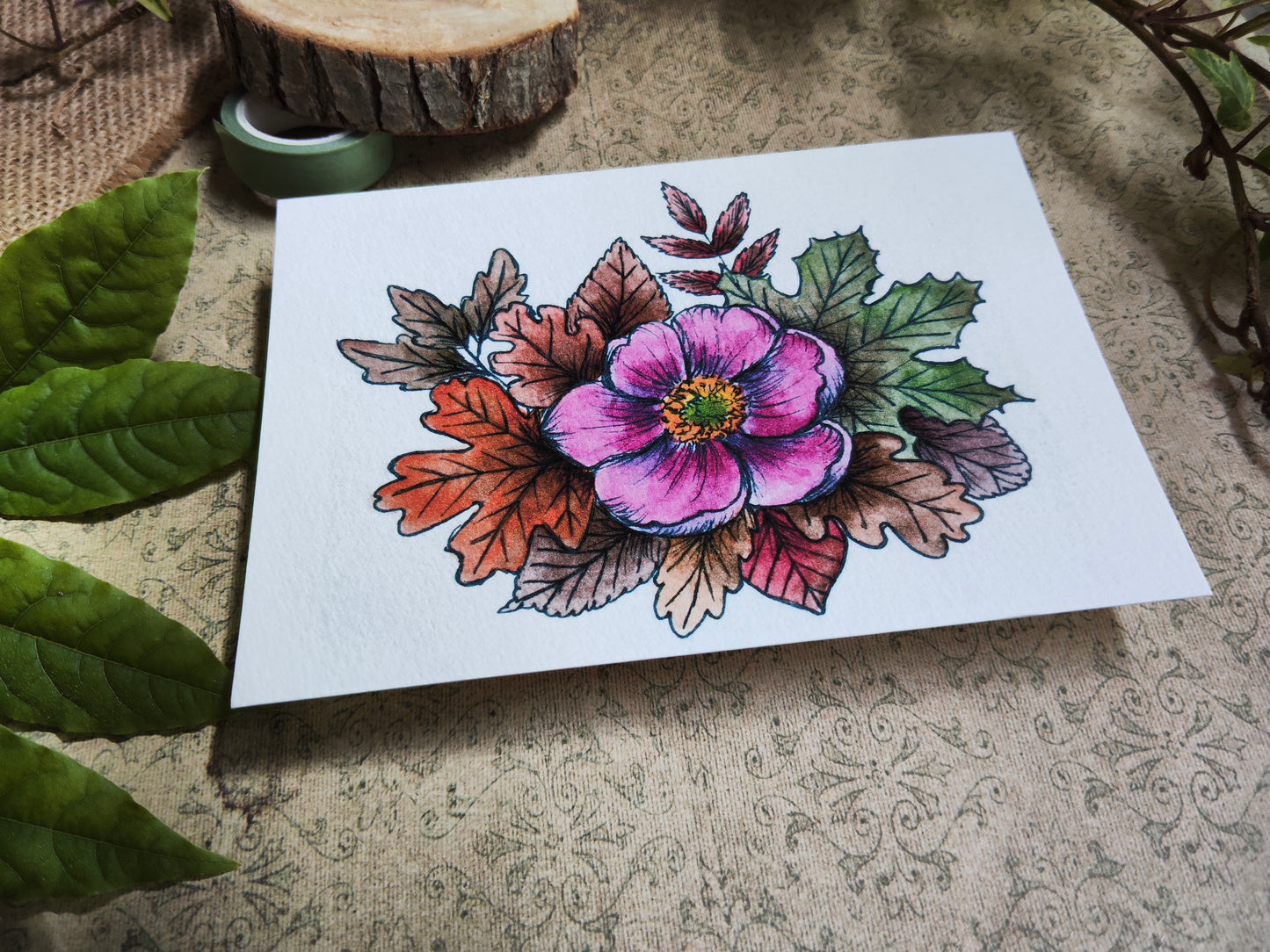 Carte A5 – Anémone du Japon à l’aquarelle – Illustration florale automnale