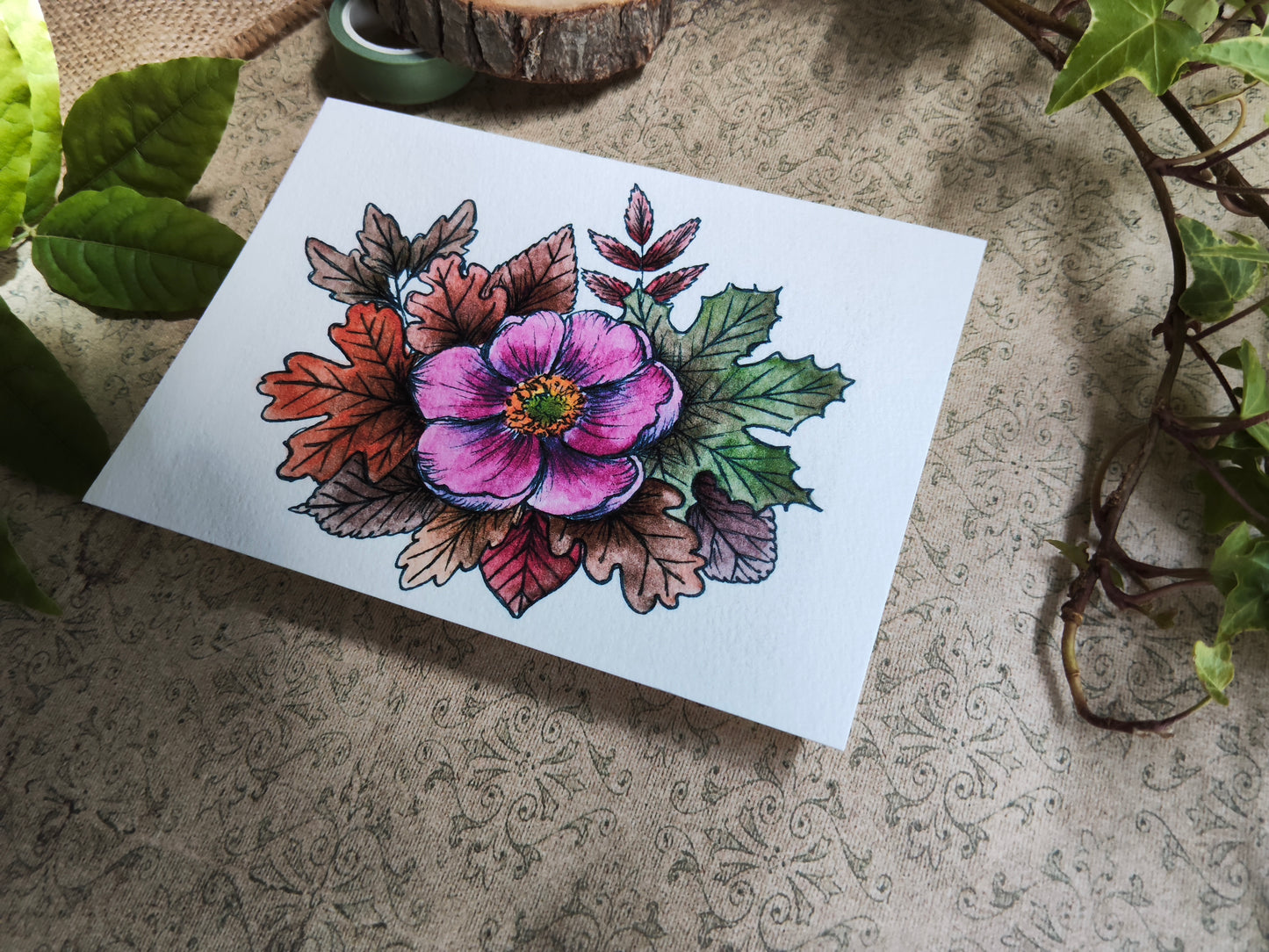 Carte A5 – Anémone du Japon à l’aquarelle – Illustration florale automnale