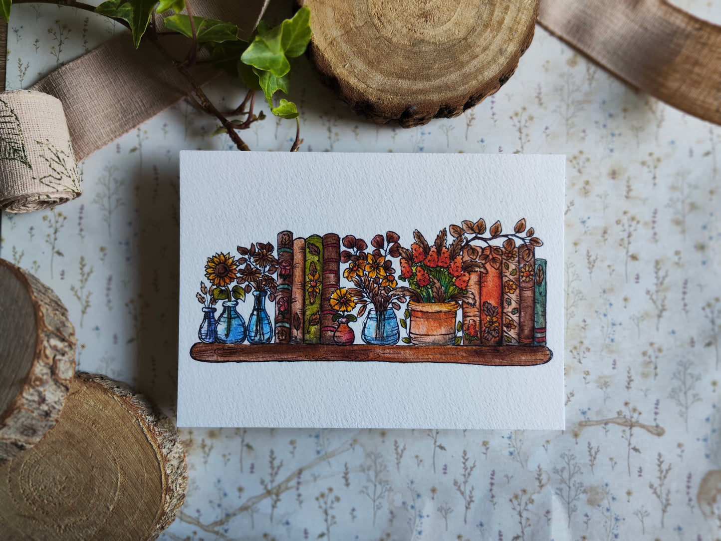 Carte A6 – Illustration florale automnale à l’aquarelle – Fleurs jaunes et orangées