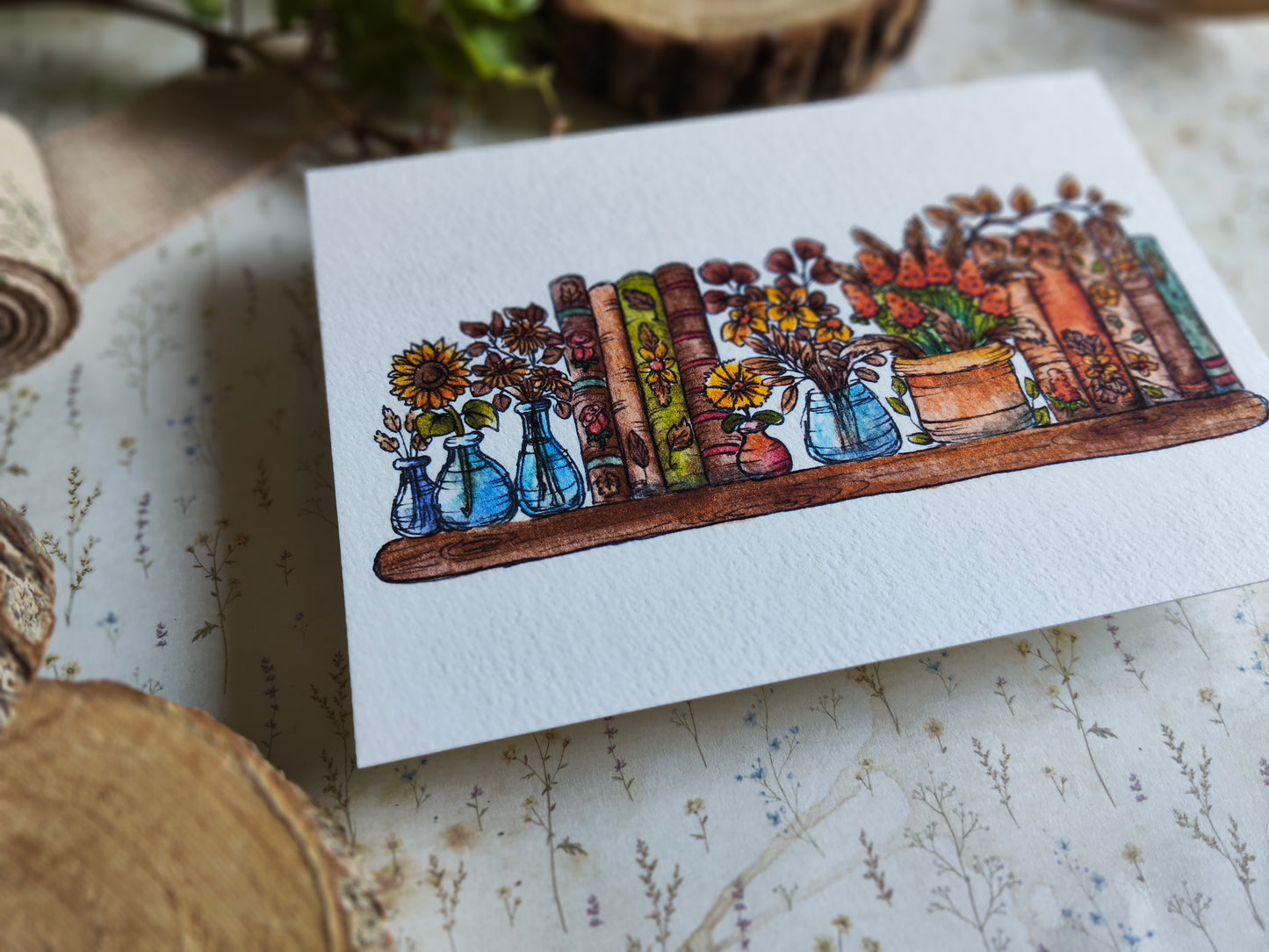 Carte A6 – Illustration florale automnale à l’aquarelle – Fleurs jaunes et orangées