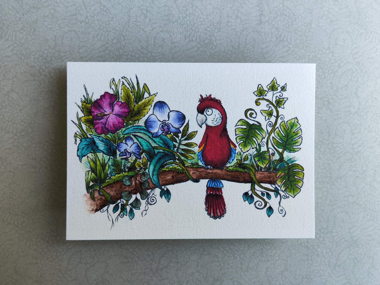 Carte A6 Oiseau Perroquet Ara sur branche fleurie – Aquarelle nature