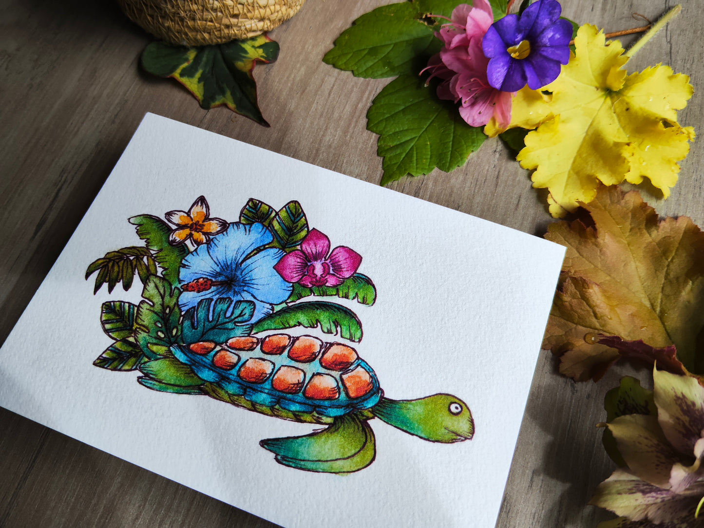 Illustration été – Tortue marine et feuillage tropical à l’aquarelle – Format A6