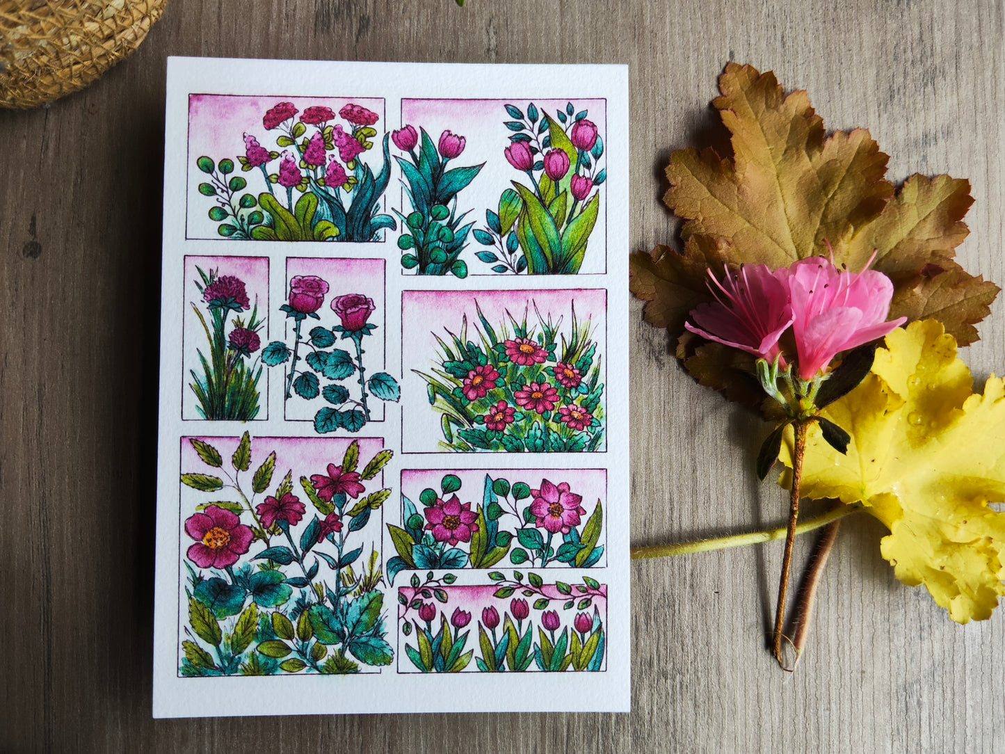 Carte illustrée A6 – Fleurs roses à l’aquarelle – Impression fine sur papier 300g