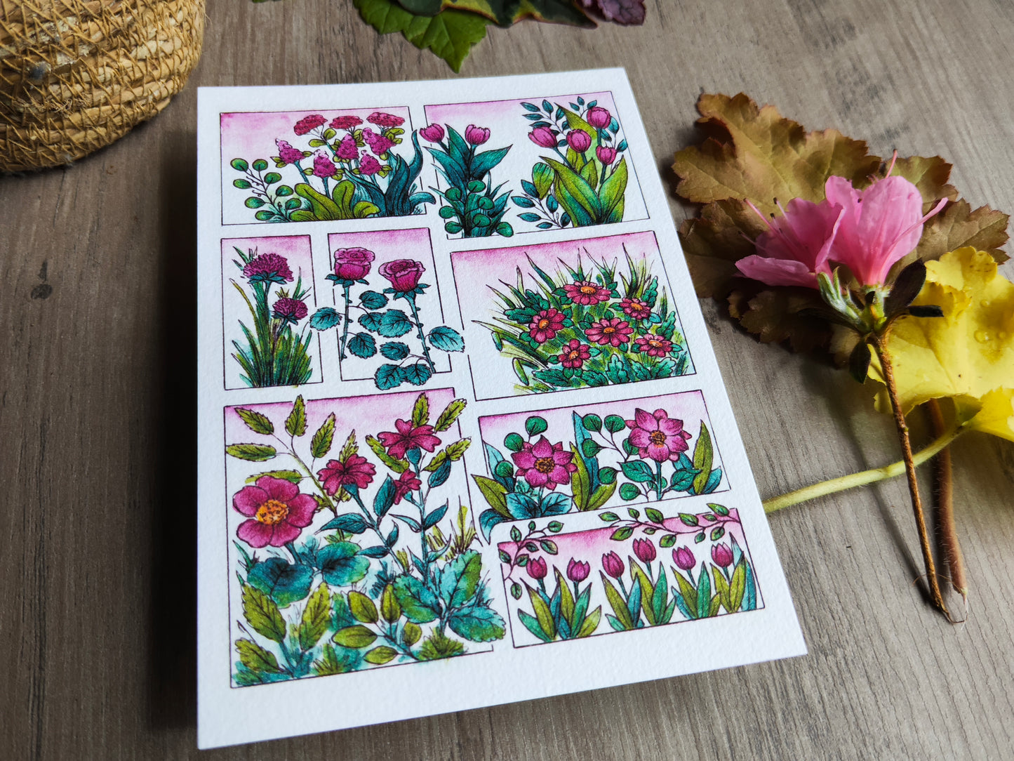 Carte illustrée A6 – Fleurs roses à l’aquarelle – Impression fine sur papier 300g