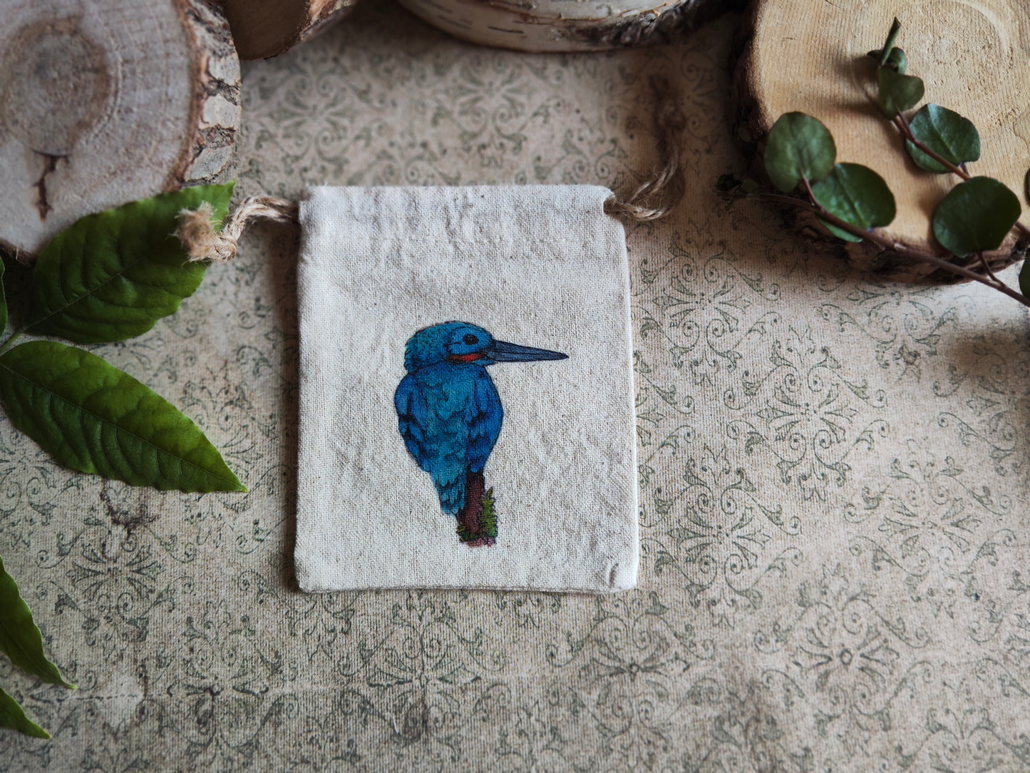 Pochon “Oiseau Bleu” Martin Pêcheur – Petit Sac Illustré en Tissu