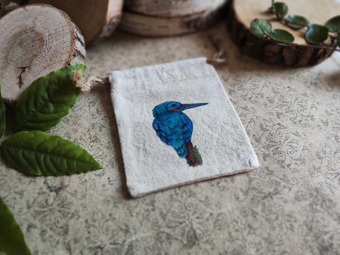 Pochon “Oiseau Bleu” Martin Pêcheur – Petit Sac Illustré en Tissu