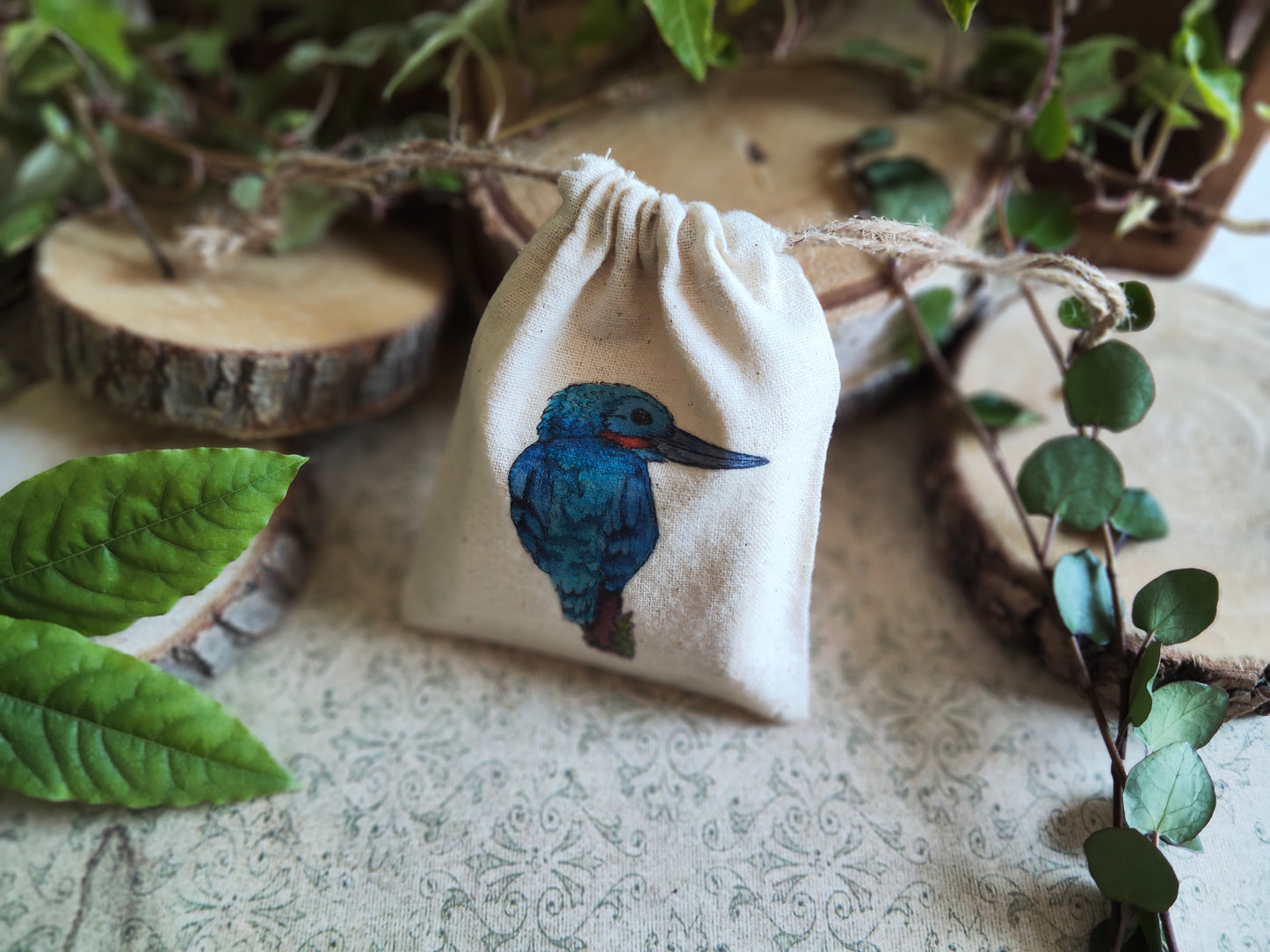 Pochon “Oiseau Bleu” Martin Pêcheur – Petit Sac Illustré en Tissu