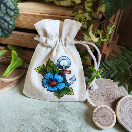 Pochon ancre & fleurs bleues – Monde Marin - Illustration à l’aquarelle