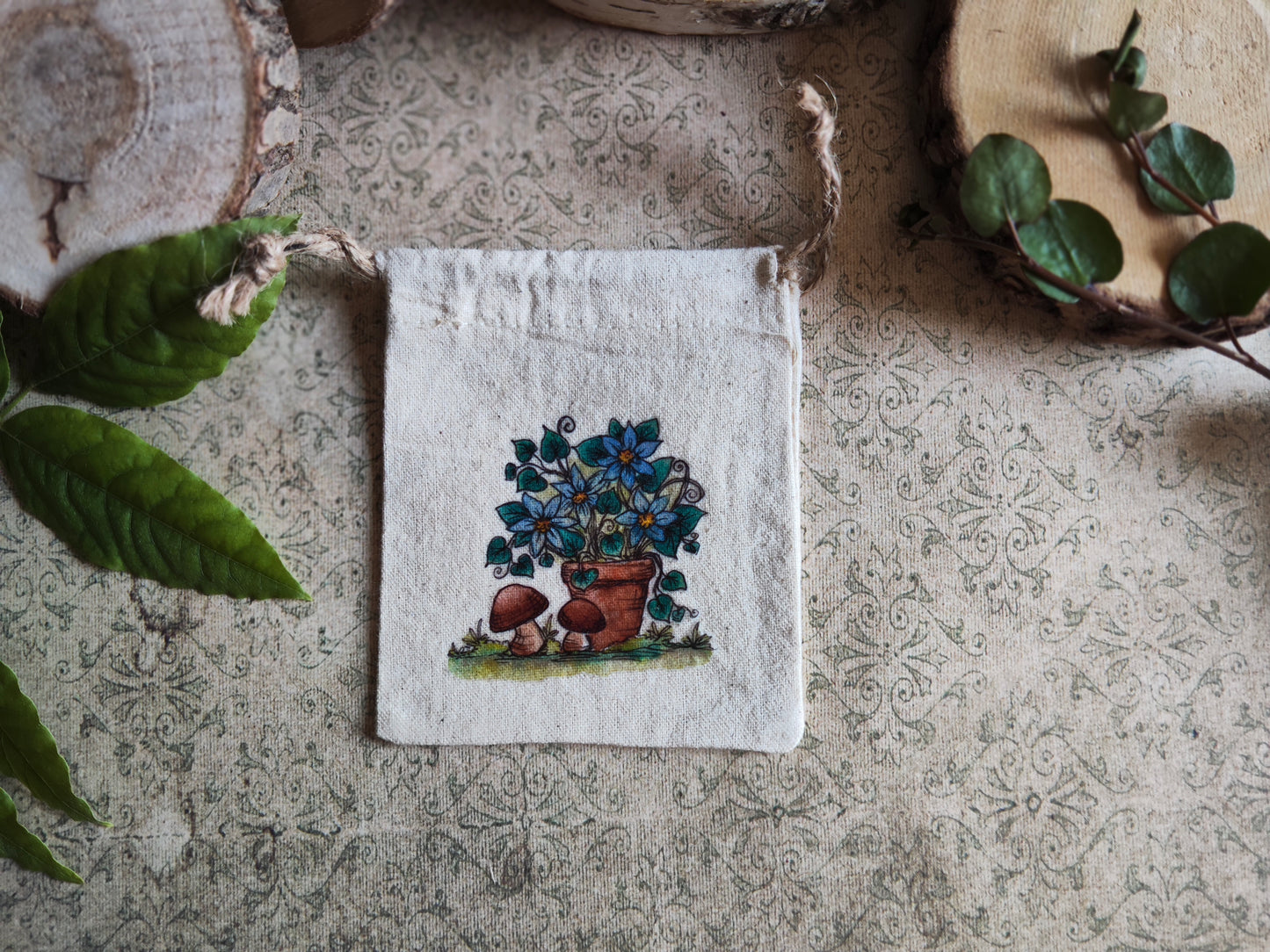 Pochon Plantes en Pot Fleurs Bleu - Petit Champignons – Petit Sac Illustré Jardin Doux