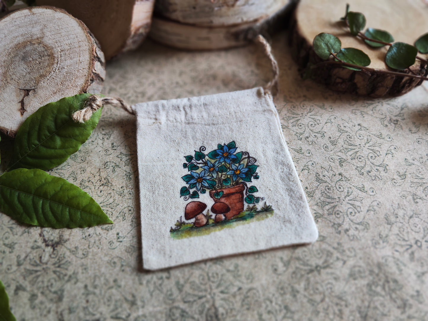Pochon Plantes en Pot Fleurs Bleu - Petit Champignons – Petit Sac Illustré Jardin Doux