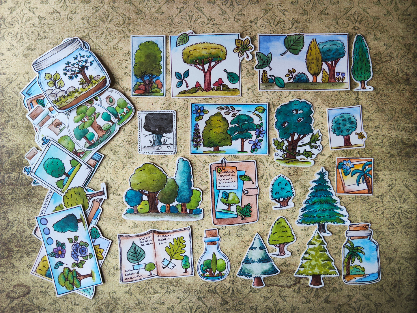 Lot de 33 Stickers Aquarelle – Forêt, Arbres et Nature - Feuille Feuillage