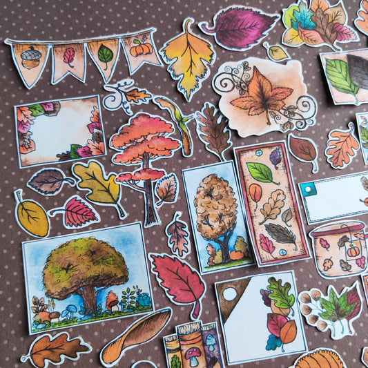 Stickers Arbre Feuille Feuillage Automne – Lot d'autocollants à l’aquarelle - Illustrations Saison Automnale Nature Forêt