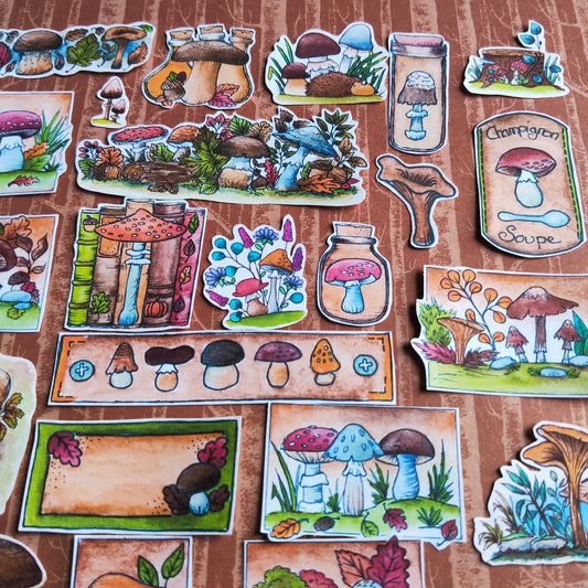 Stickers Champignon – autocollants illustration dessin peinture aquarelle - Saison Automne décoration journaling