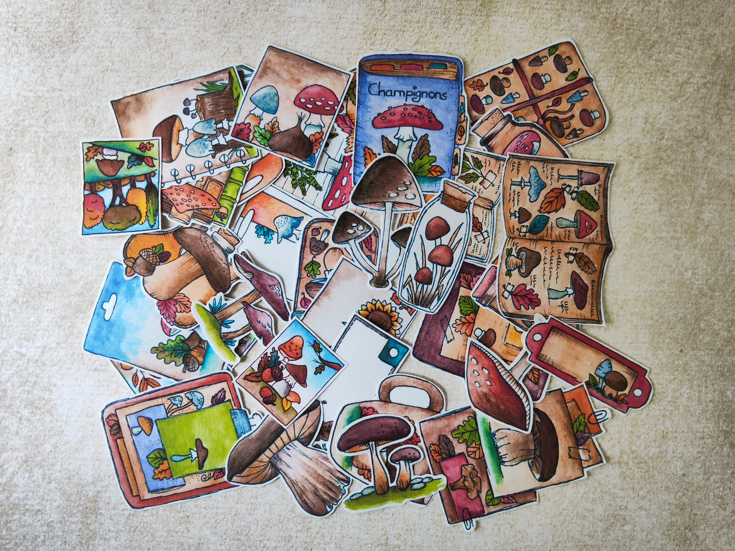 Stickers champignons – Lot de 36 autocollants à l’aquarelle - Illustrations forêt et automne