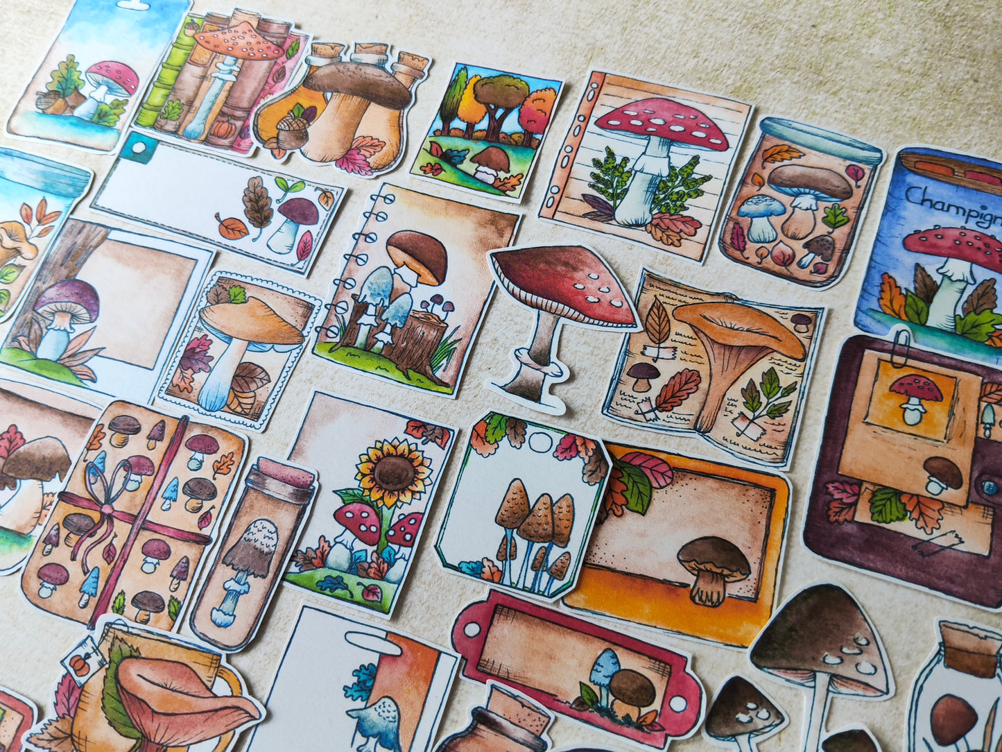 Stickers champignons – Lot de 36 autocollants à l’aquarelle - Illustrations forêt et automne