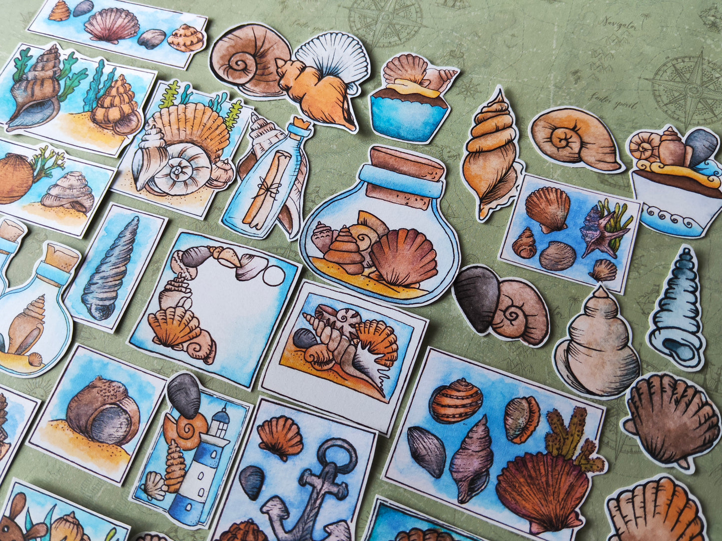 Stickers coquillages – Lot de 38 autocollants d’été à l’aquarelle - Illustrations nature et océan