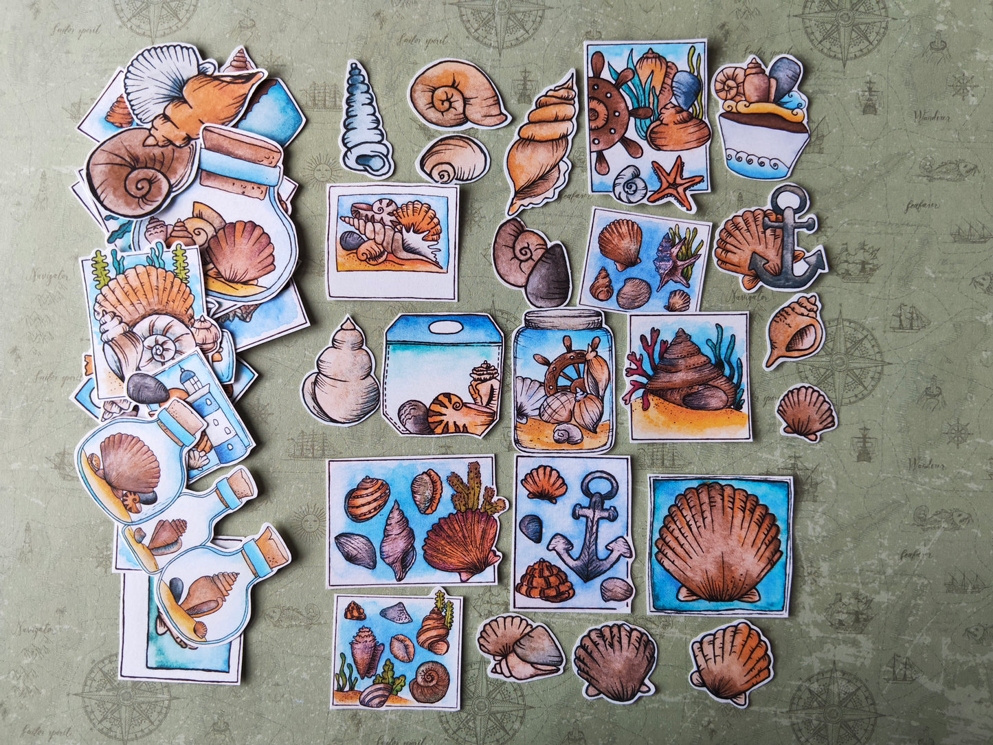 Stickers coquillages – Lot de 38 autocollants d’été à l’aquarelle - Illustrations nature et océan