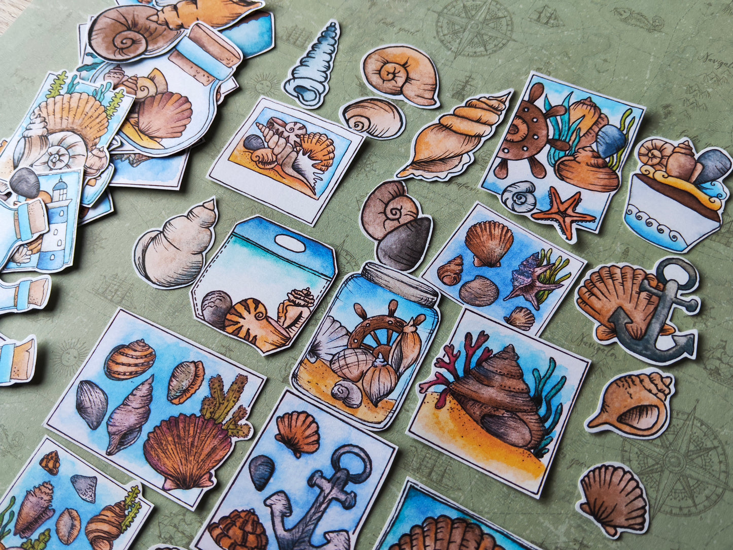 Stickers coquillages – Lot de 38 autocollants d’été à l’aquarelle - Illustrations nature et océan