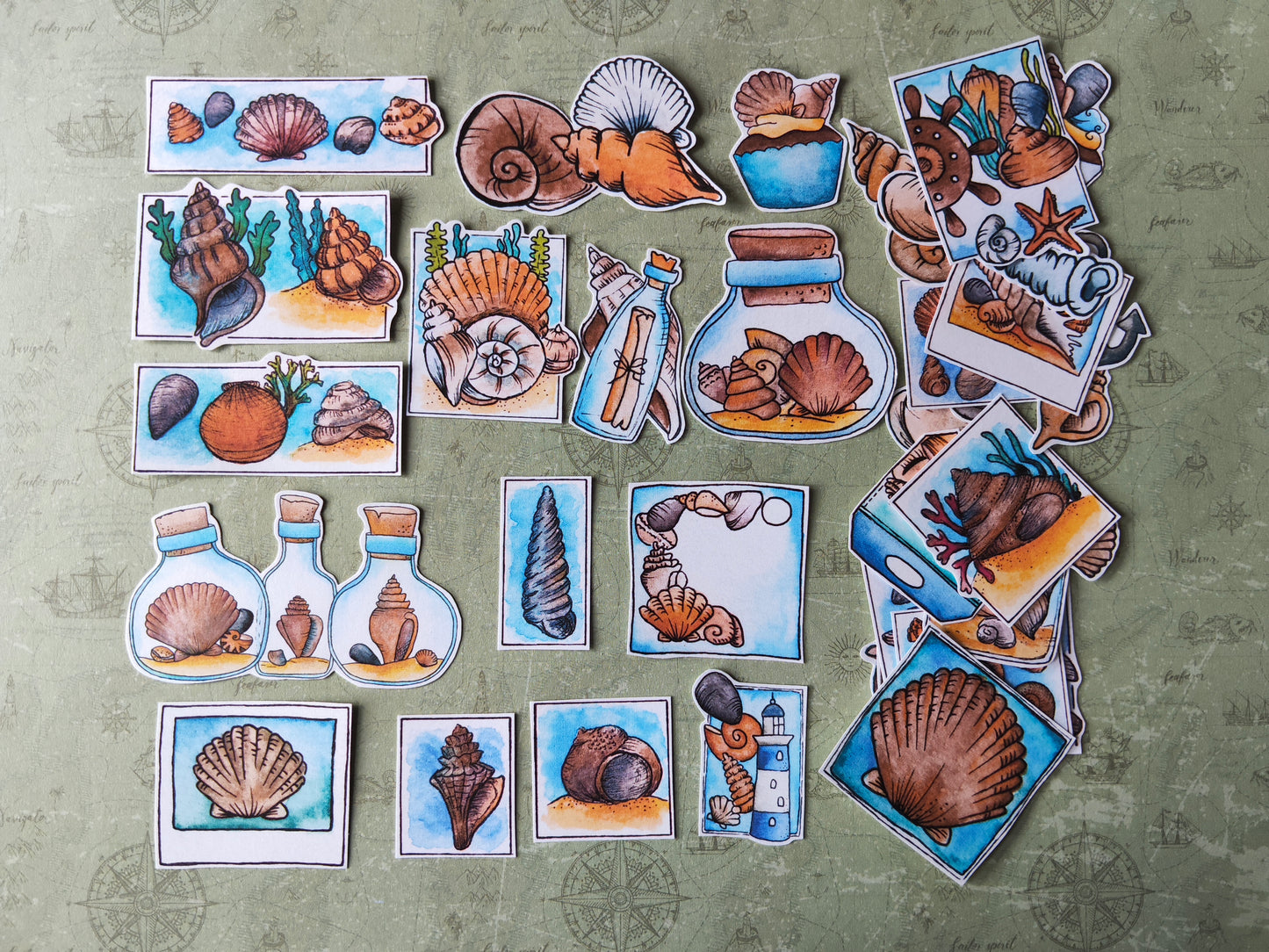 Stickers coquillages – Lot de 38 autocollants d’été à l’aquarelle - Illustrations nature et océan
