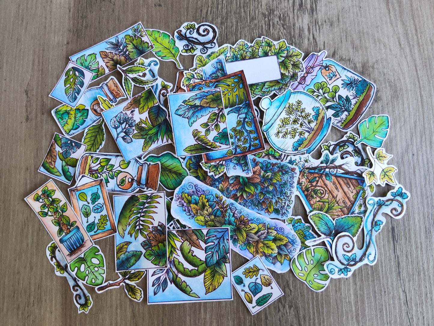Lot de stickers feuillages – 44 autocollants illustrés à l’aquarelle, ambiance plantes, nature et terrariums