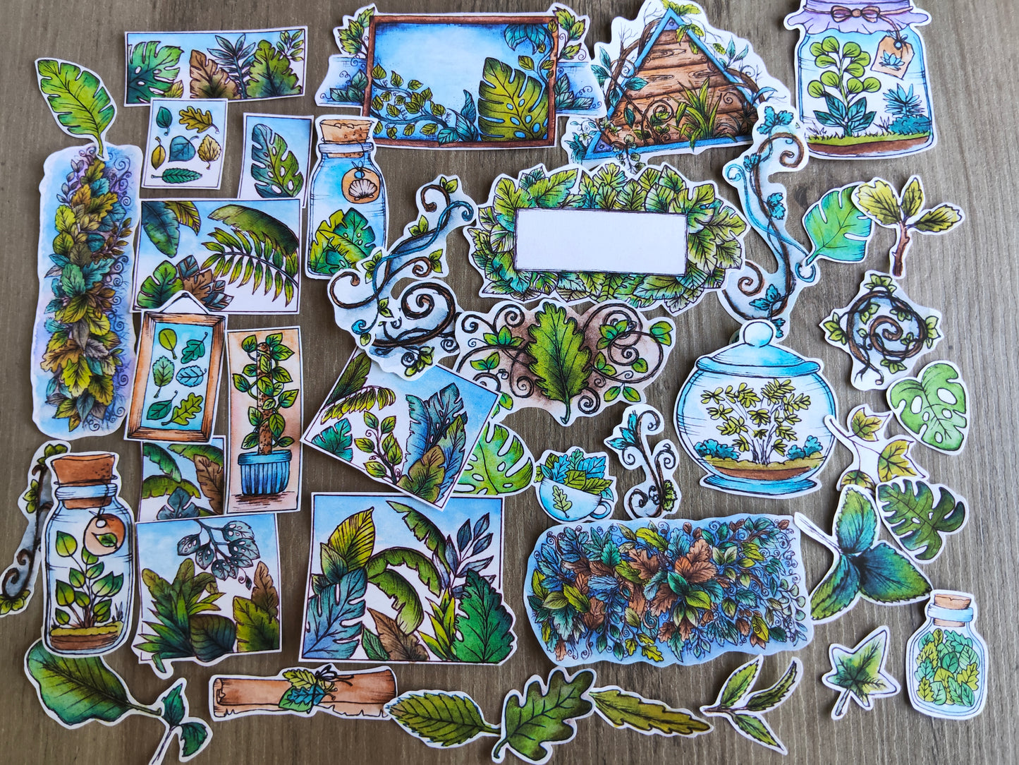 Lot de stickers feuillages – 44 autocollants illustrés à l’aquarelle, ambiance plantes, nature et terrariums