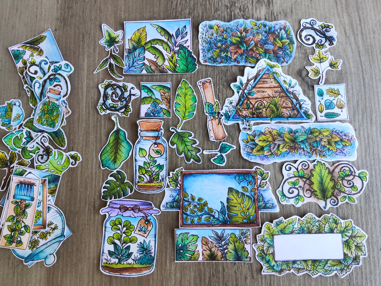 Lot de stickers feuillages – 44 autocollants illustrés à l’aquarelle, ambiance plantes, nature et terrariums