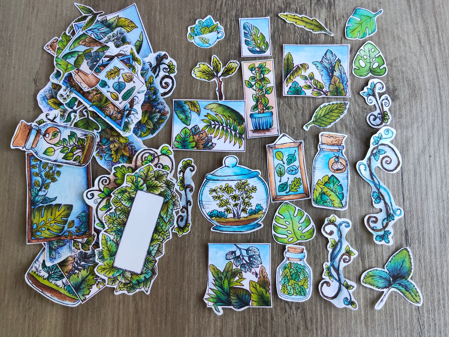 Lot de stickers feuillages – 44 autocollants illustrés à l’aquarelle, ambiance plantes, nature et terrariums