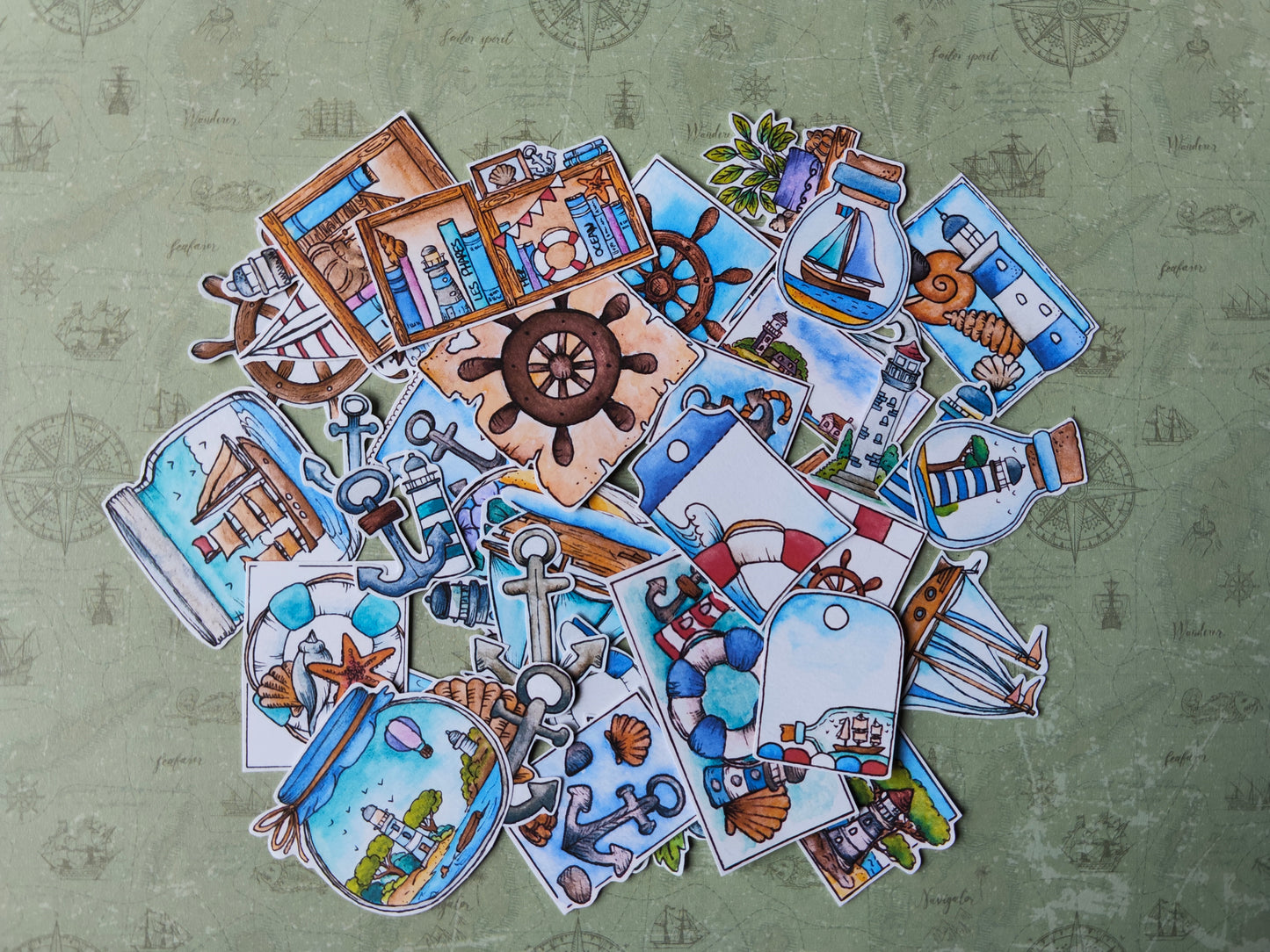 Stickers bord de mer – Lot de 40 autocollants marins à l’aquarelle - Thème océan, phares et bateaux