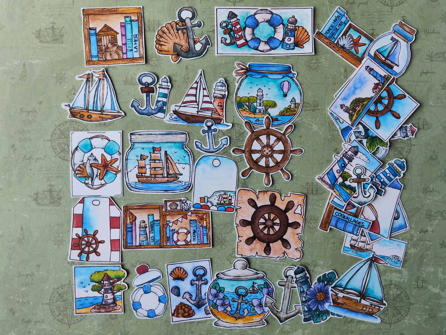 Stickers bord de mer – Lot de 40 autocollants marins à l’aquarelle - Thème océan, phares et bateaux