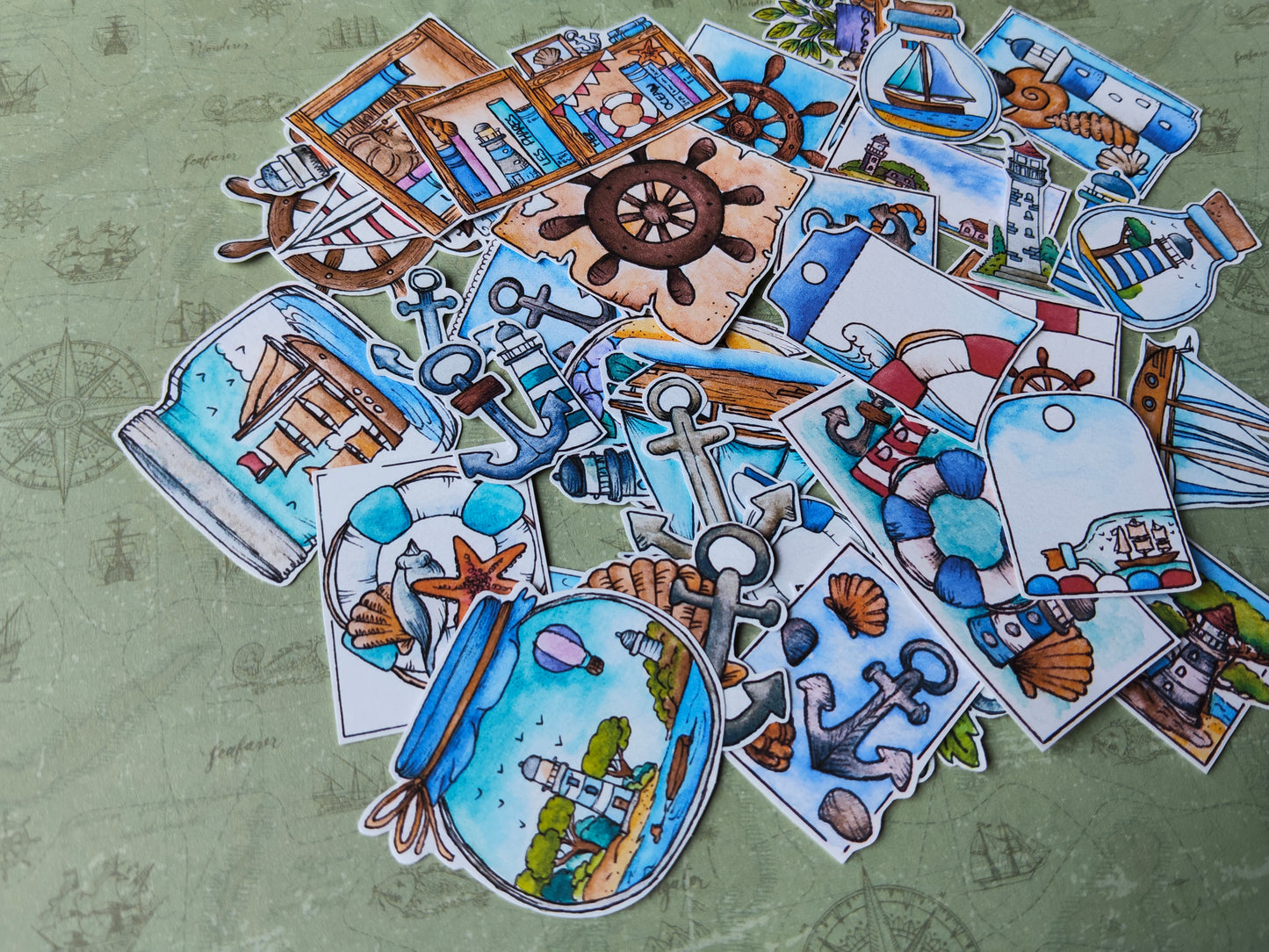 Stickers bord de mer – Lot de 40 autocollants marins à l’aquarelle - Thème océan, phares et bateaux