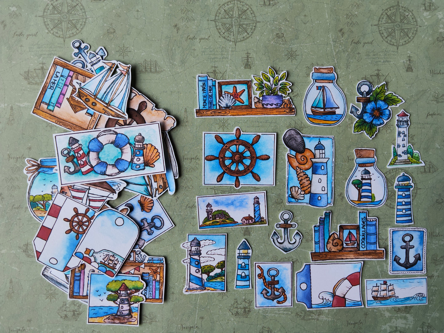 Stickers bord de mer – Lot de 40 autocollants marins à l’aquarelle - Thème océan, phares et bateaux
